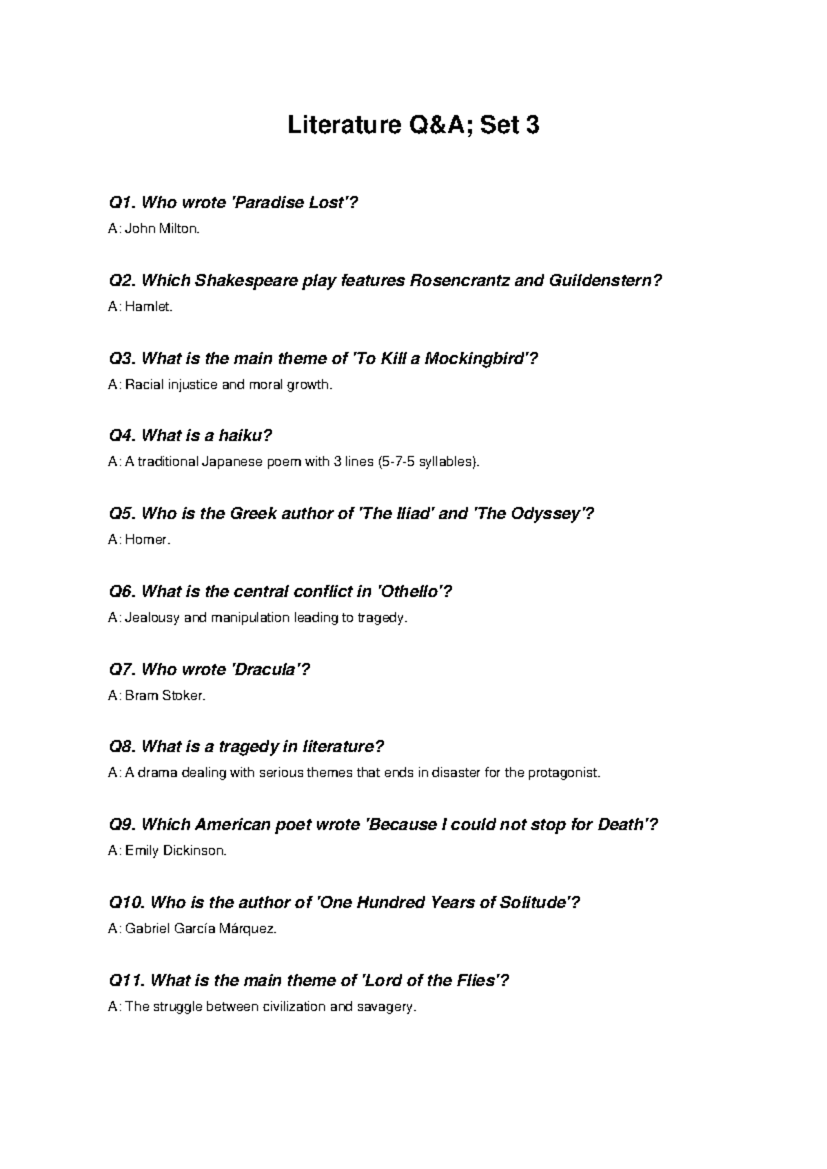 Literature QA Set 3: Key Questions and Answers - Studocu
