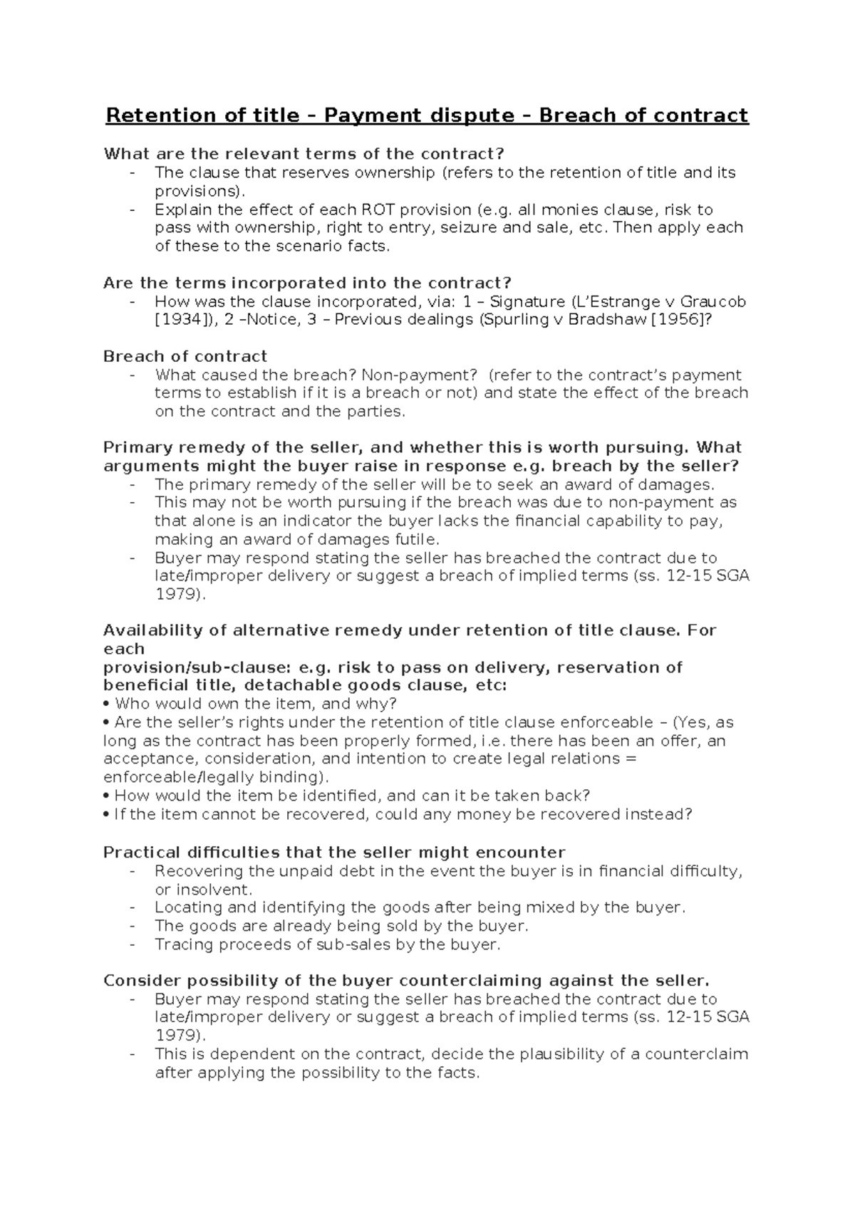 Retention of Title and Breach of Contract Analysis (Law 101) - Studocu