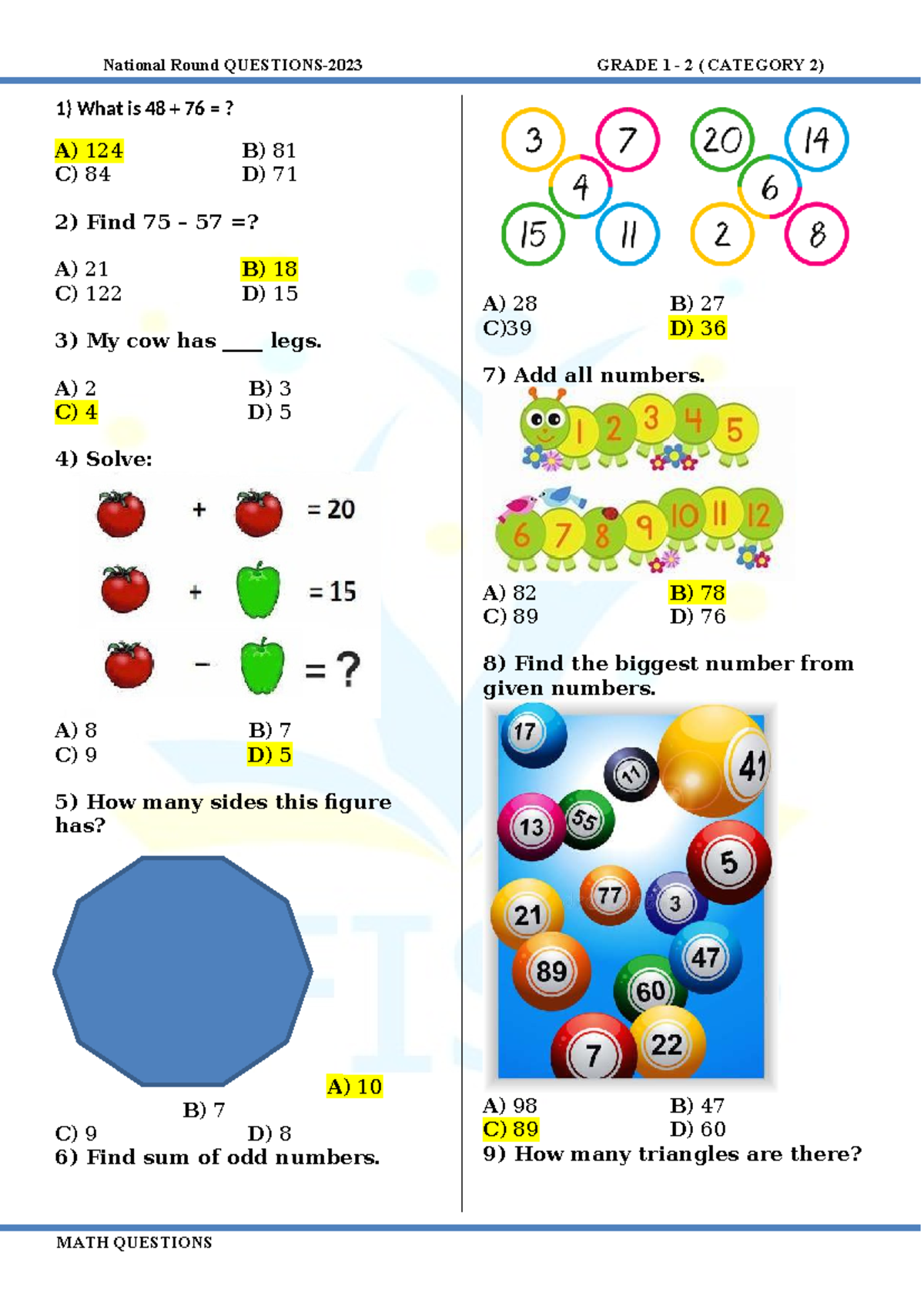 National Round Math Questions GRADE 1 2 (CATEGORY 2) - Studocu