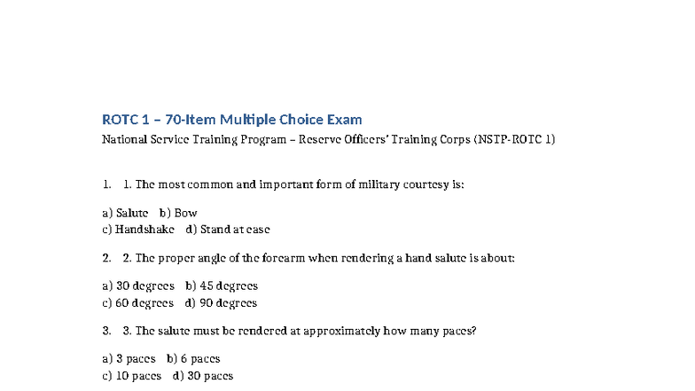 ROTC Exam - JVHJVHVKBJKNKL - ROTC 1 – 70-Item Multiple Choice Exam ...