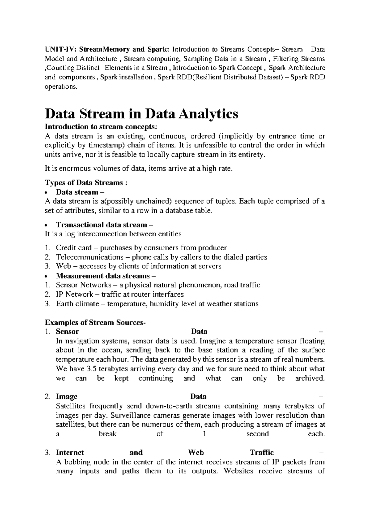UNIT IV - StreamMemory and Spark: Exploring Streaming Data Concepts ...