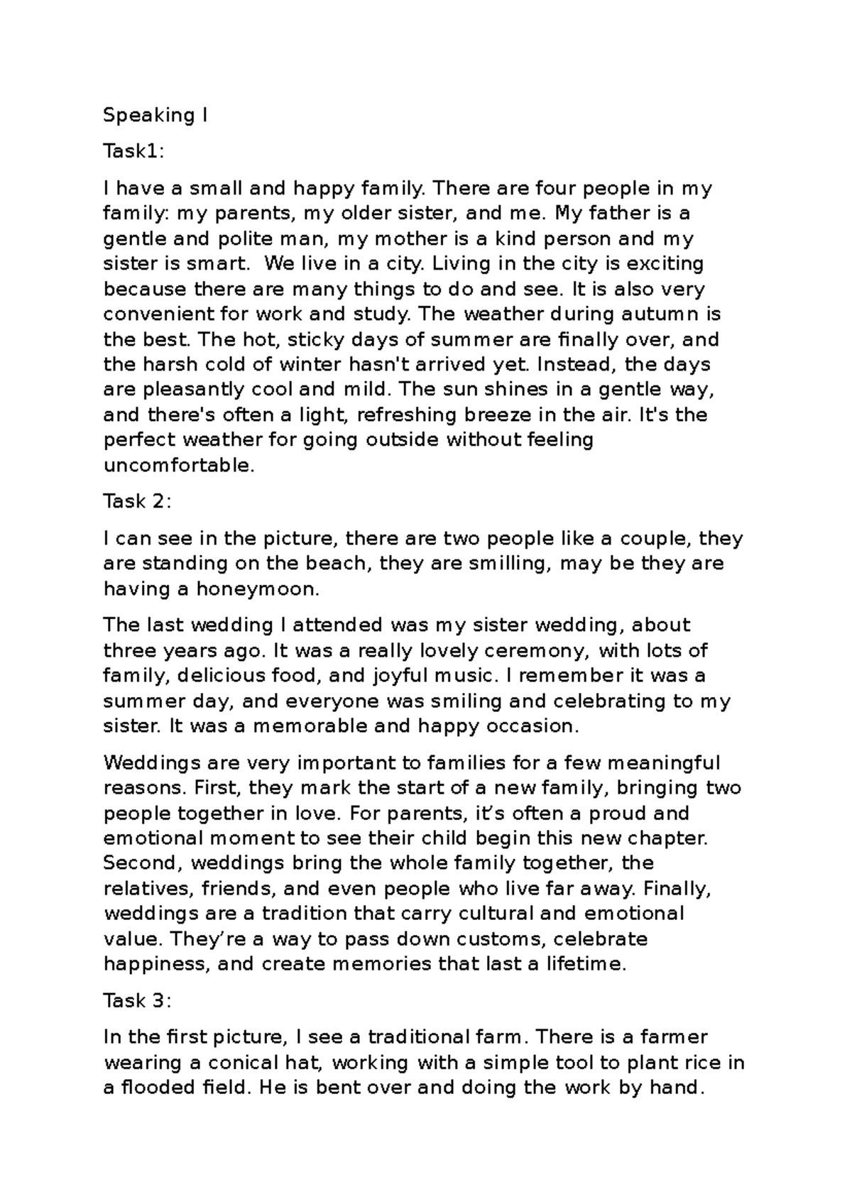 Speaking I Task 1: My Small and Happy Family - Studocu