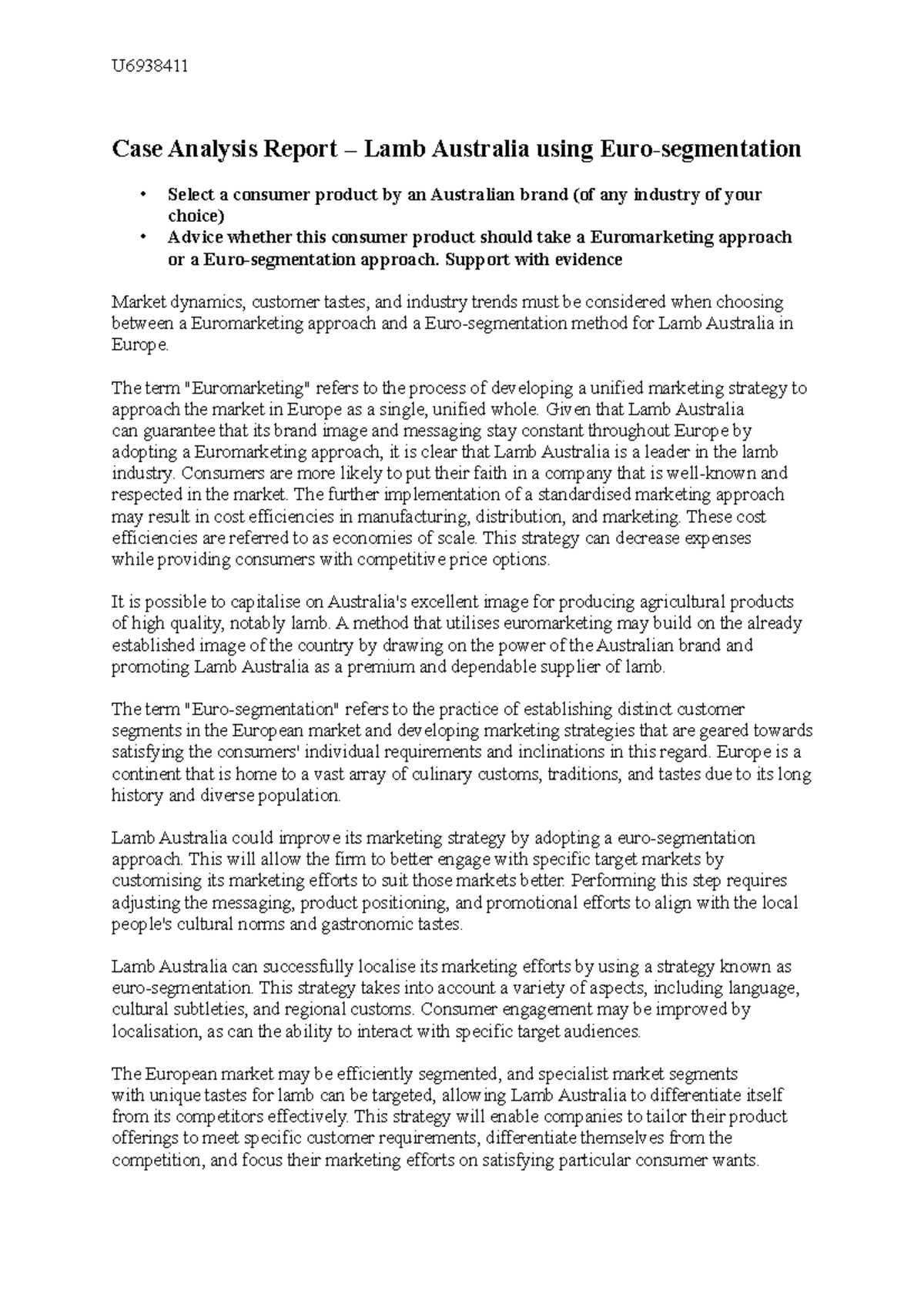 Case Analysis Report 2 - Euro-segmentation Strategy for Lamb Australia ...