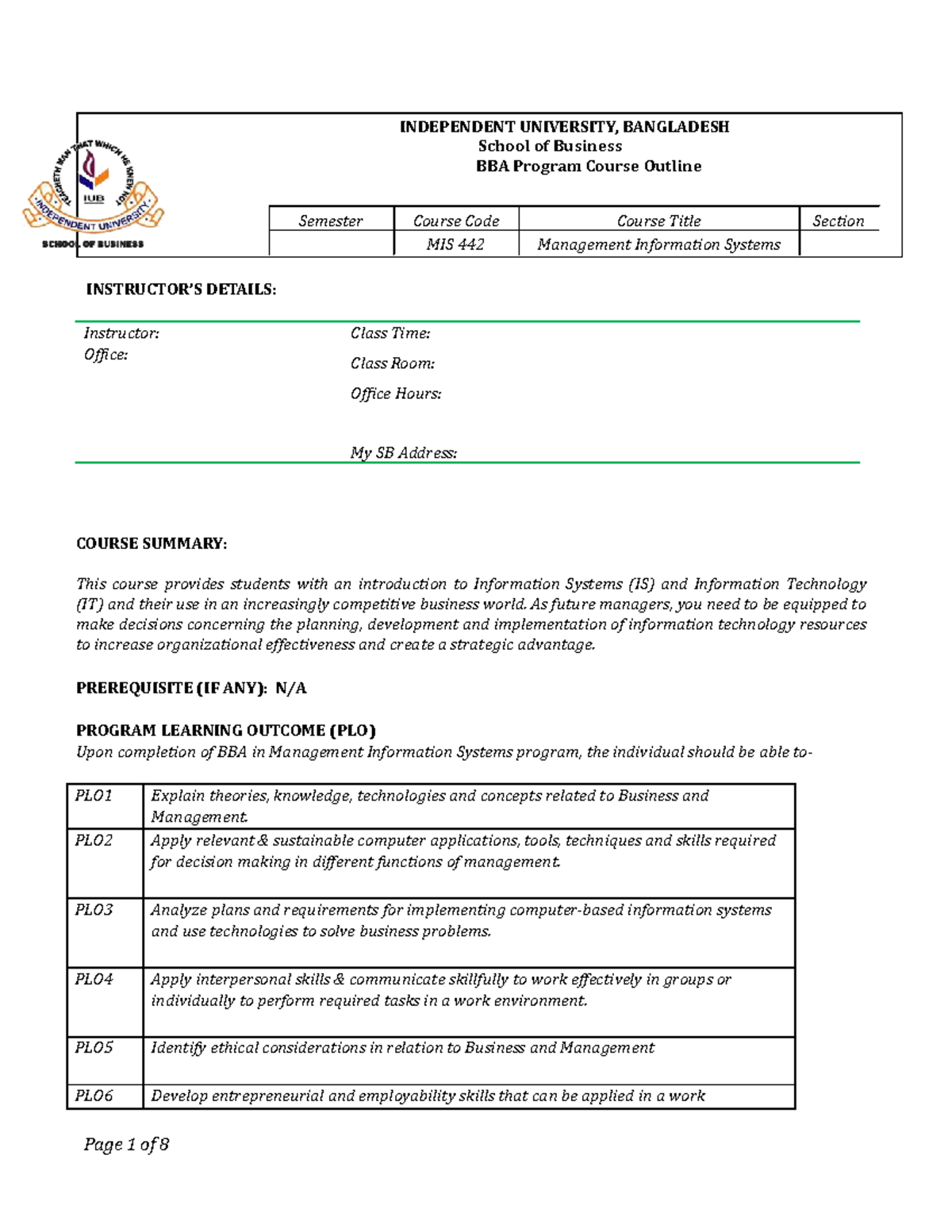 Revised Course Outline for MIS 442: Management Information Systems ...