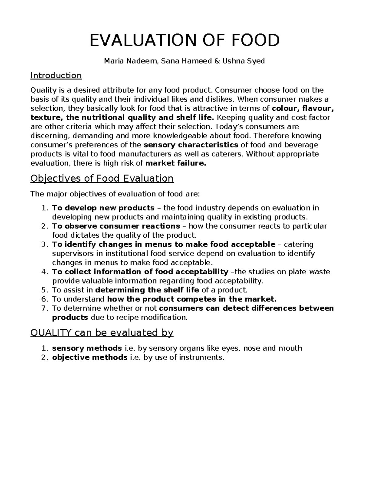 Evaluation of Food Quality: Methods and Objectives - Studocu