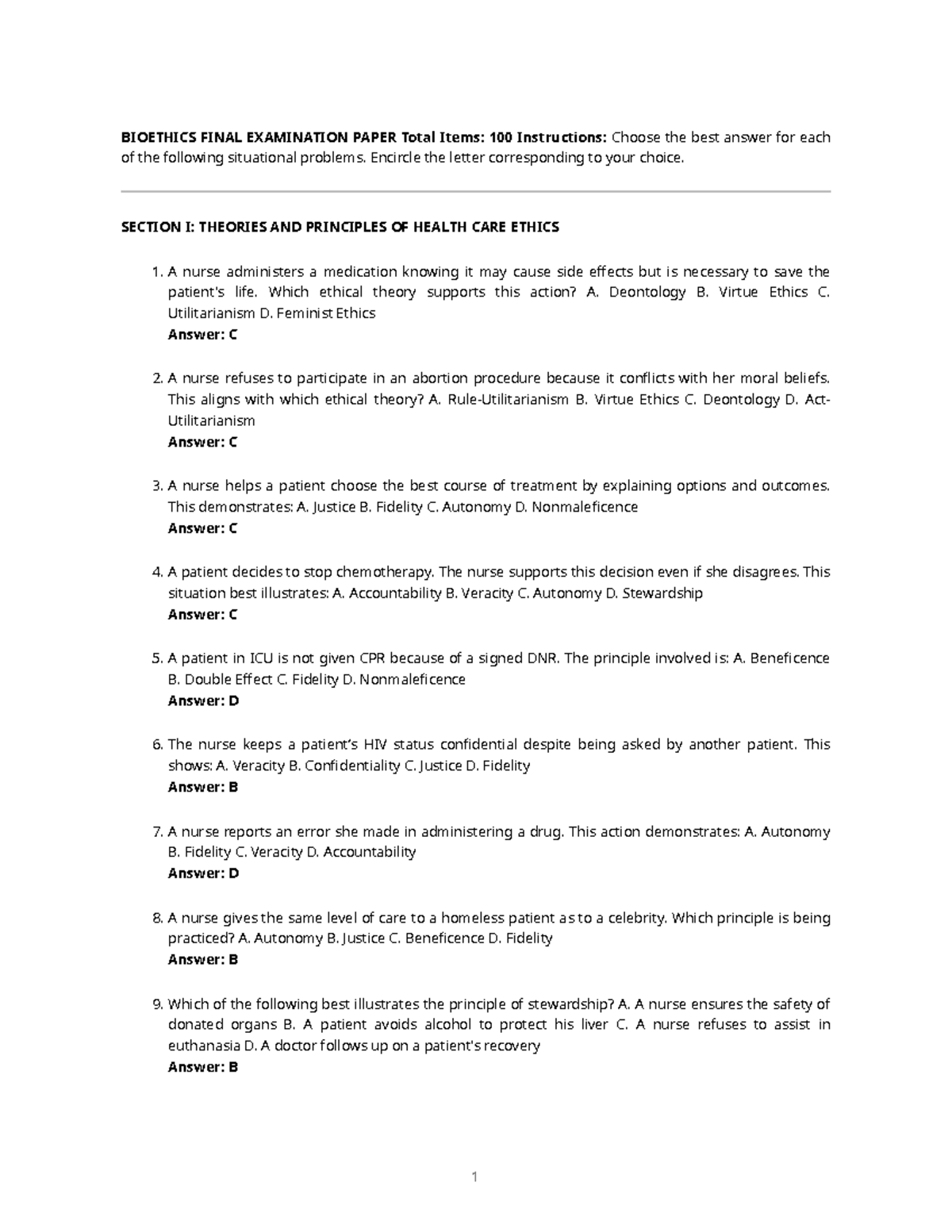 BIOETHICS FINAL EXAMINATION PAPER (Total Items: 100) - Studocu