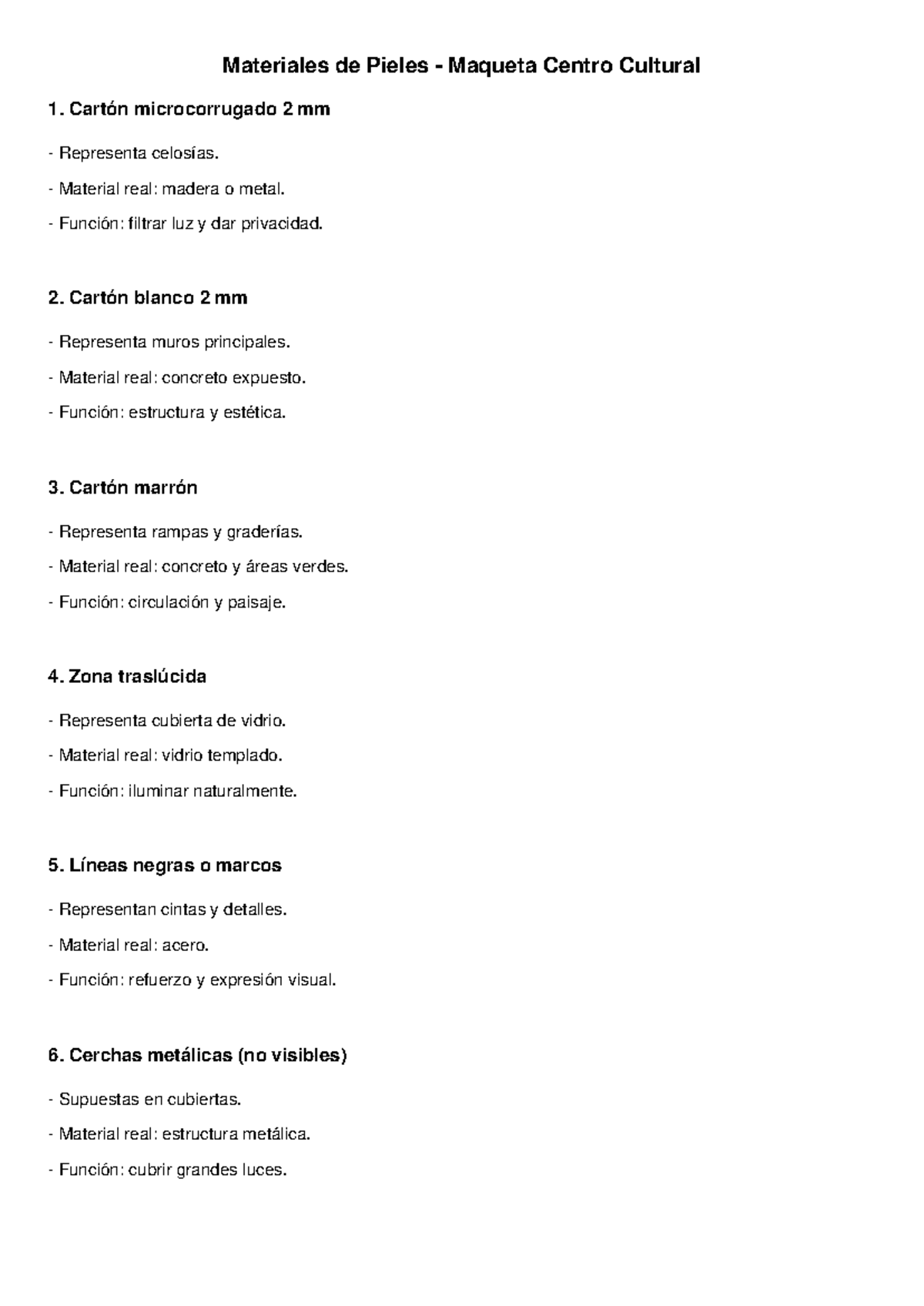 Materiales para Maqueta del Centro Cultural: Detalles y Funciones - Document Preview