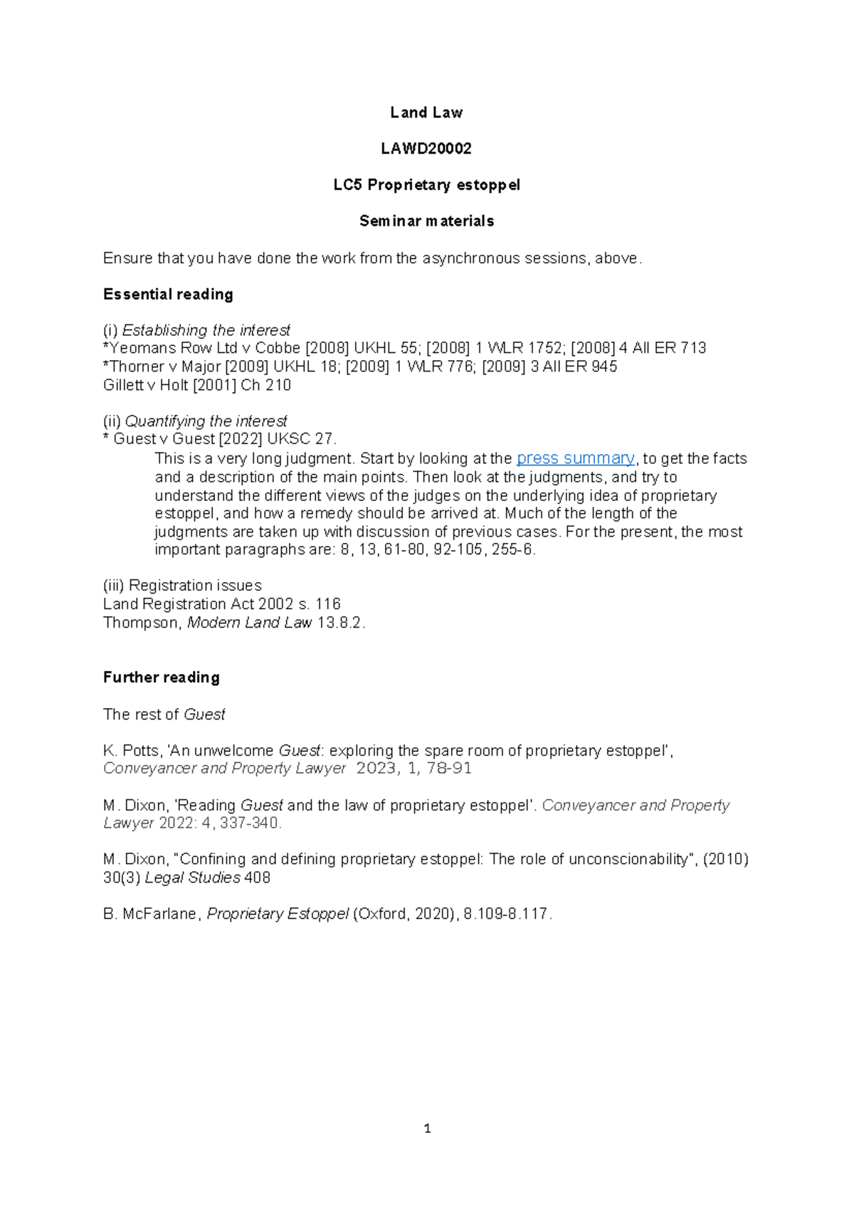 LC5Seminar Sheet - assignment - Land Law LAWD LC5 Proprietary estoppel ...