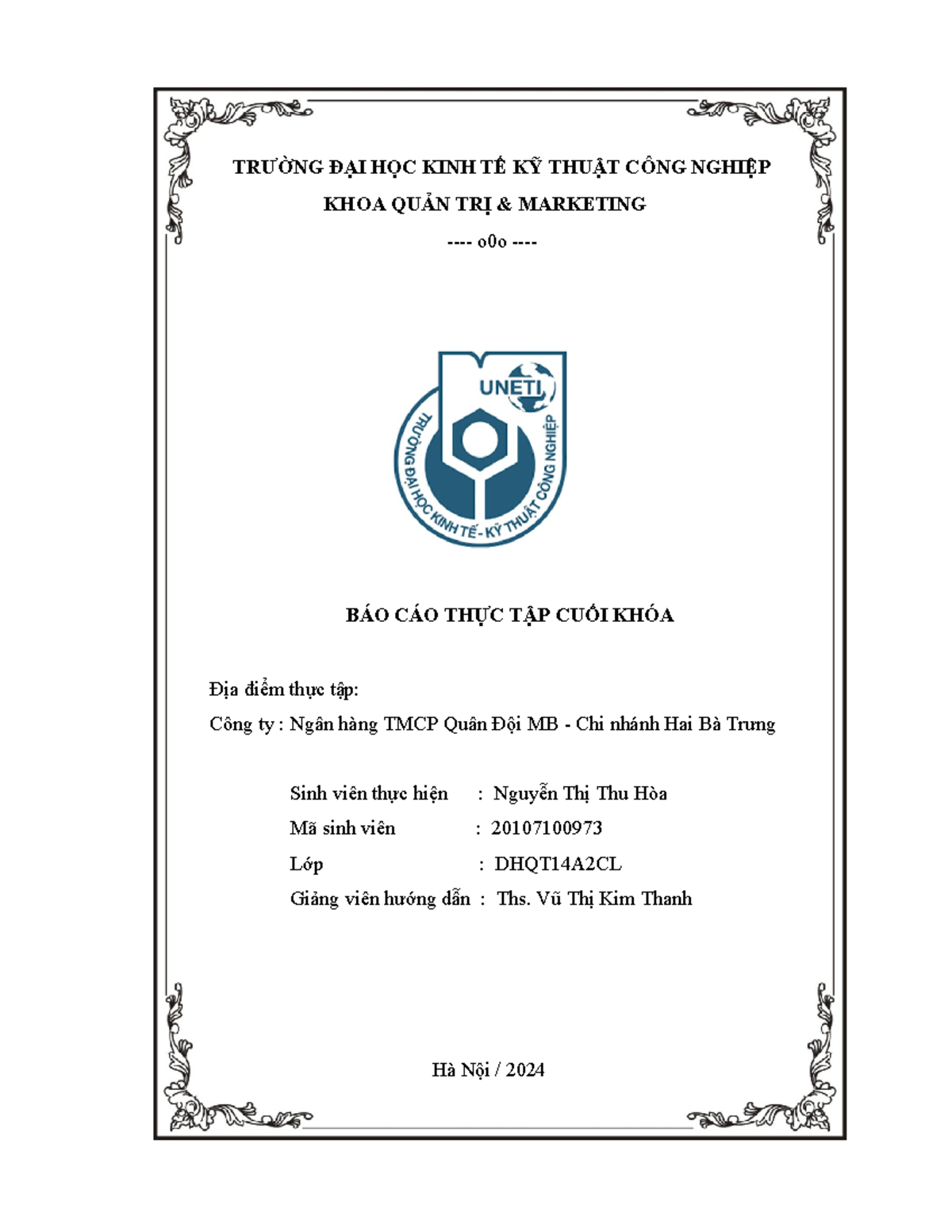 Báo cáo Thực tập Cuối khóa: Ngân hàng TMCP Quân Đội MB - CN HBT - Document Preview