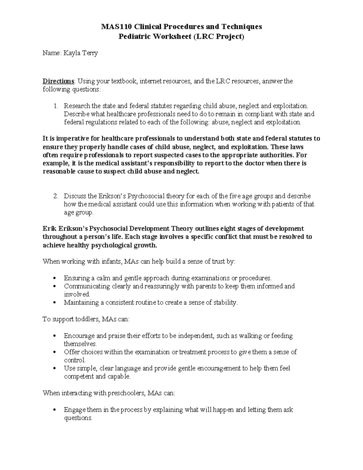 MAS110 Pediatric Clinical Procedures: Worksheet on Child Abuse ...