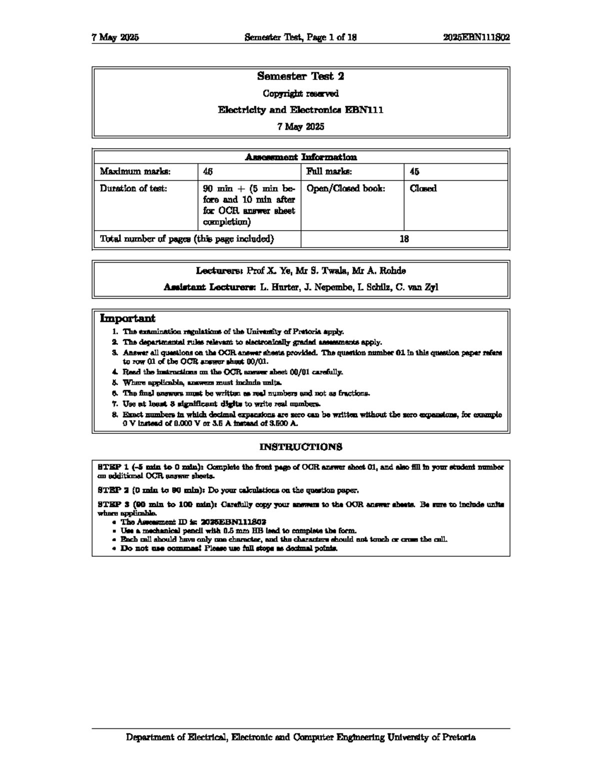 2025 EBN 111 S02 Semester Test 2 Memo for Electricity & Electronics ...
