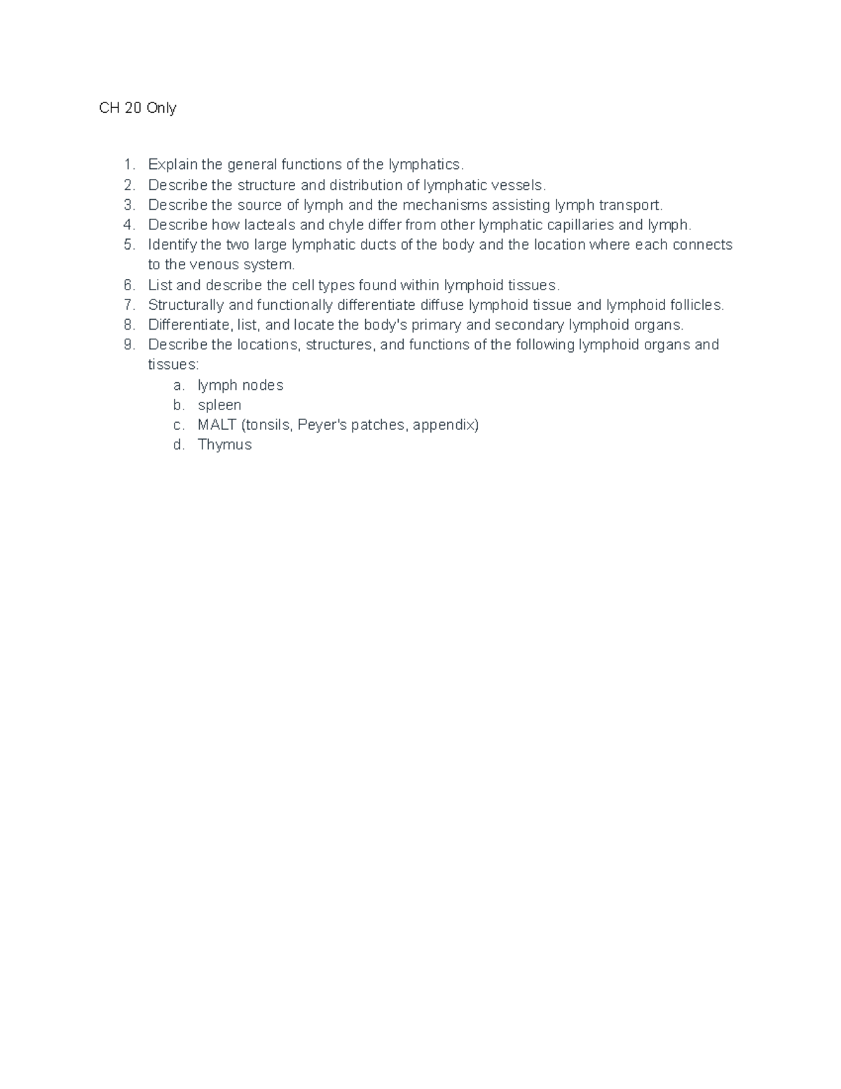 Lymphatic System Overview: Functions & Structures - CH 20 Only - Studocu