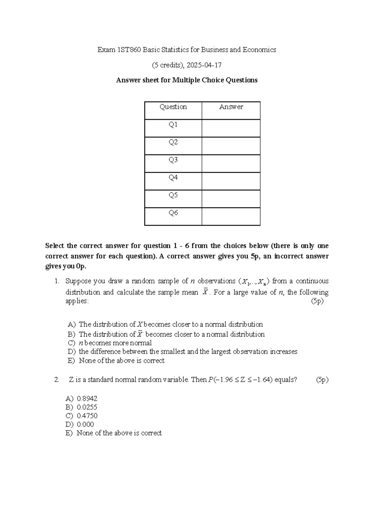 1ST860 Final Exam Answer Sheet for Basic Statistics - Studocu
