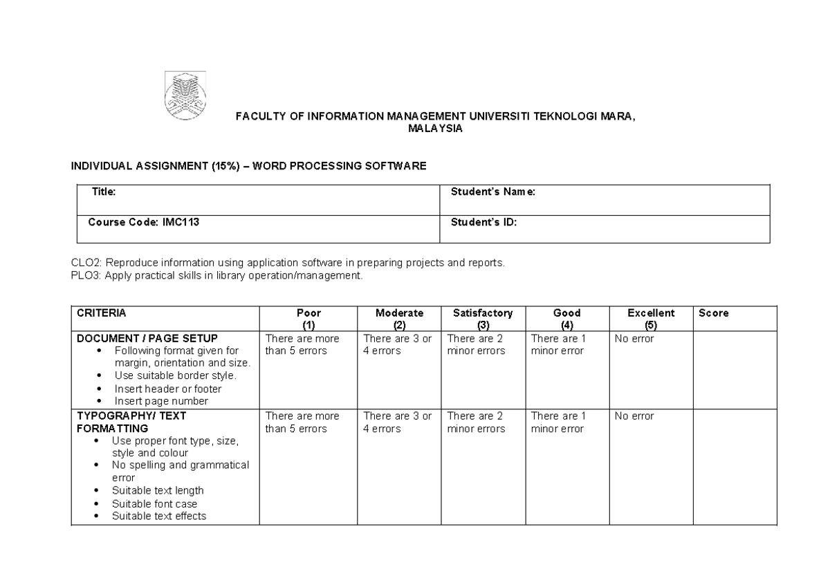 IMC113 Individual Assignment Rubric: Word Processing (15%) 2023 - Studocu