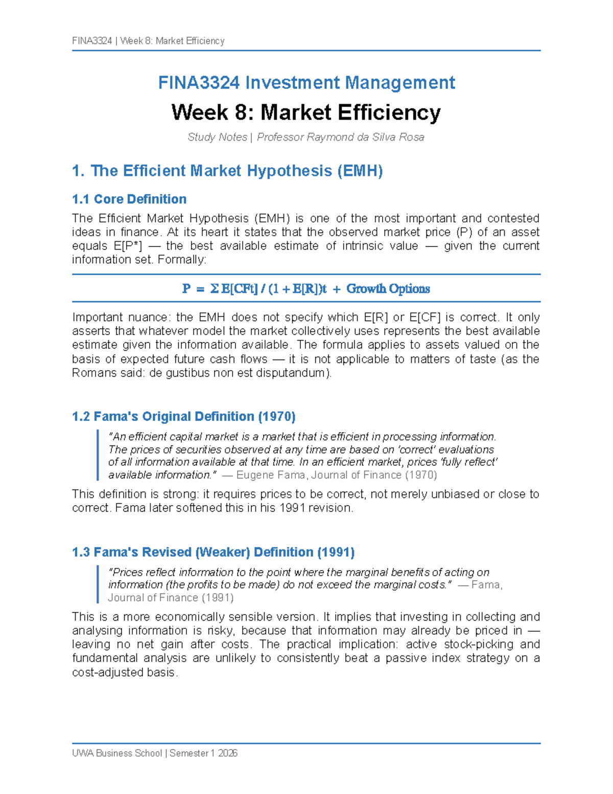 FINA3324 Week 8 Study Notes: Understanding Market Efficiency - Studocu