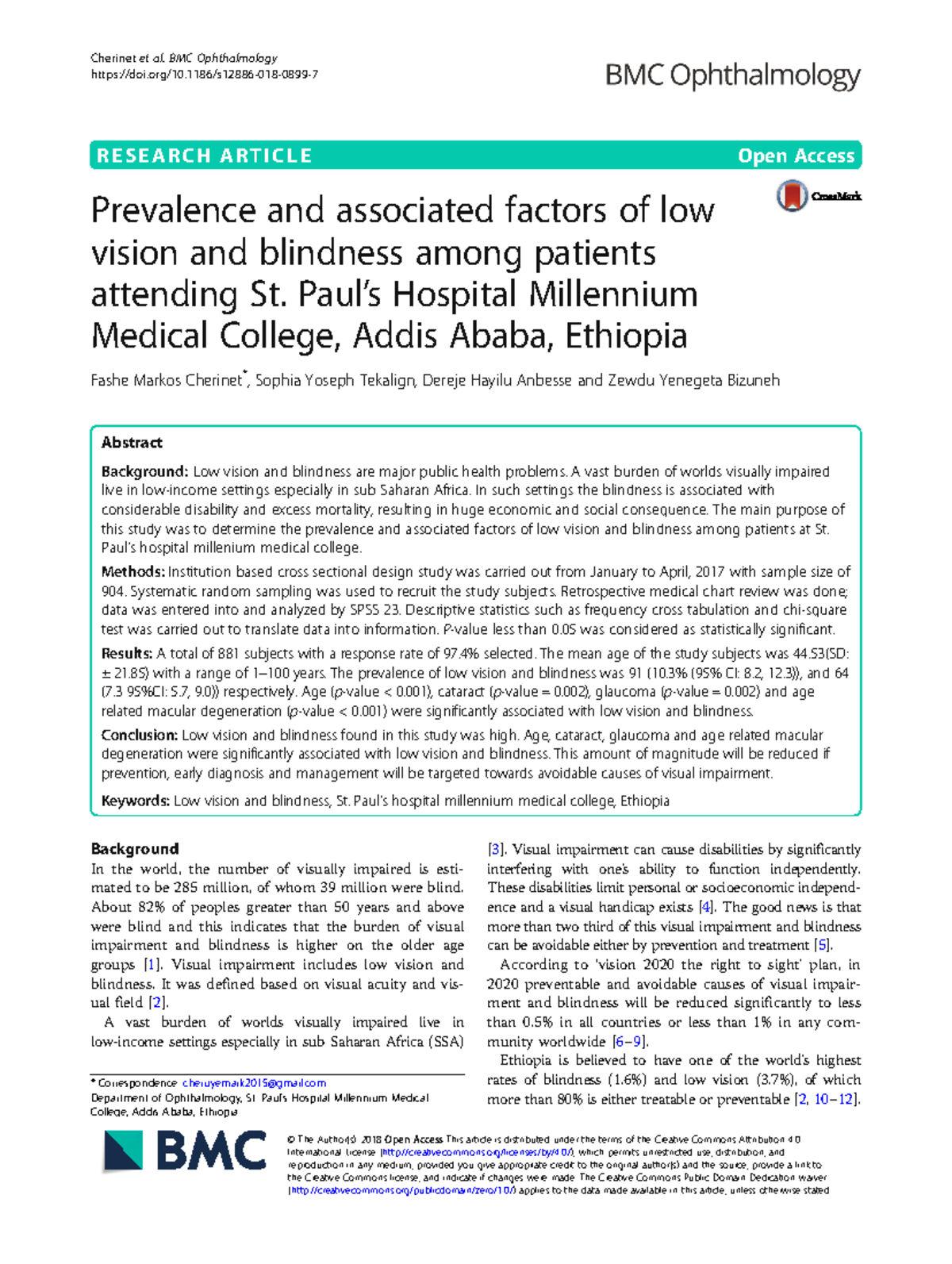 Prevalence and Associated Factors of Low Vision & Blindness at SPHMMC ...