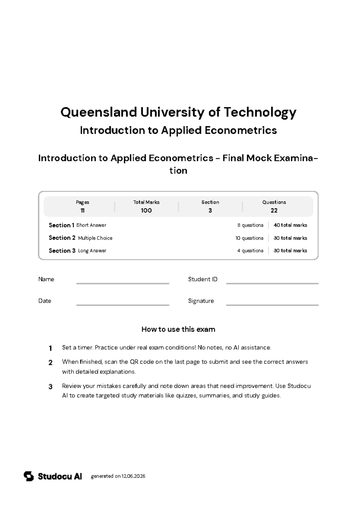 Introduction to Applied Econometrics - Final Mock Exam - Studocu