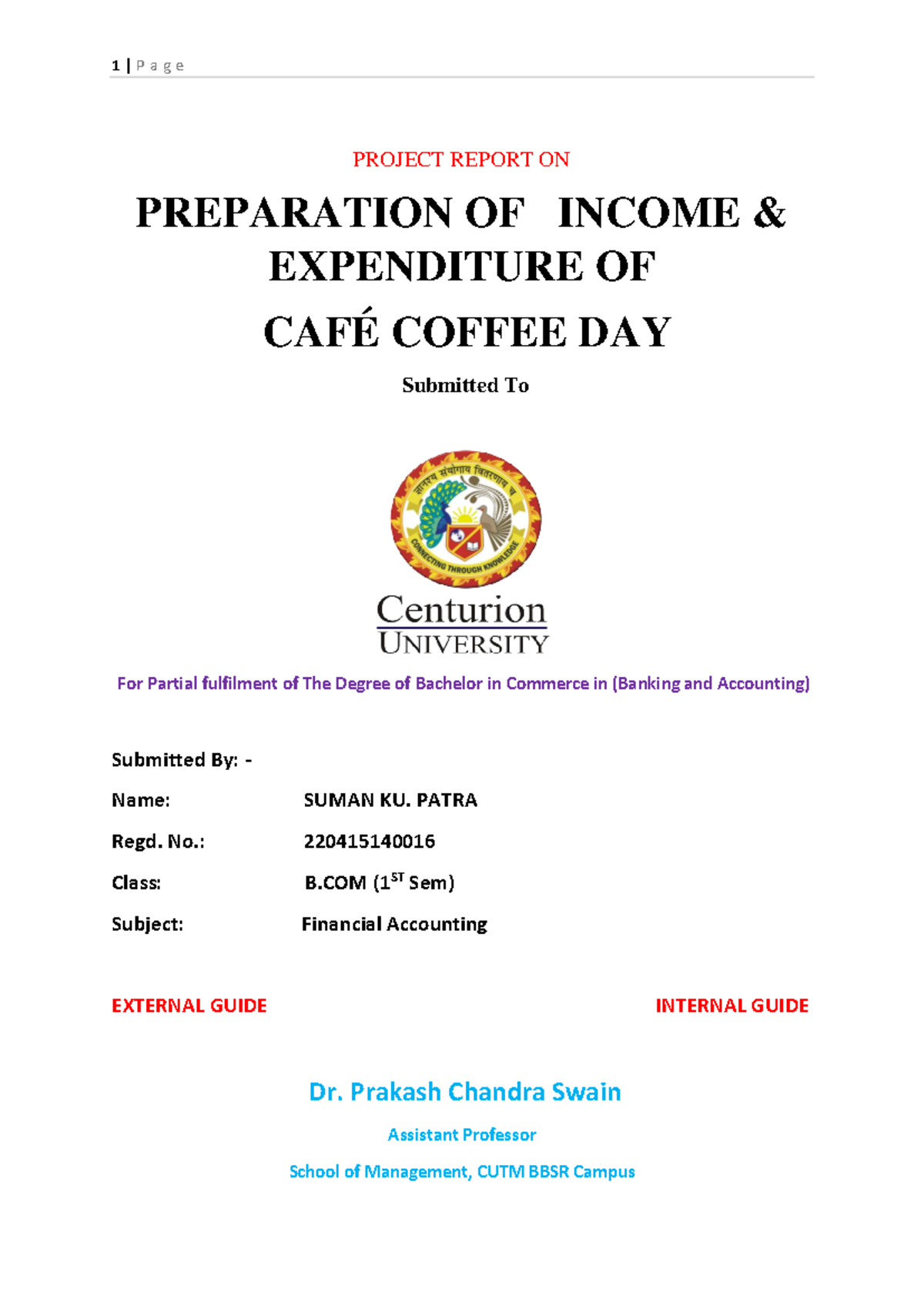 Project Report: Income & Expenditure Analysis of Café Coffee Day (B.COM ...
