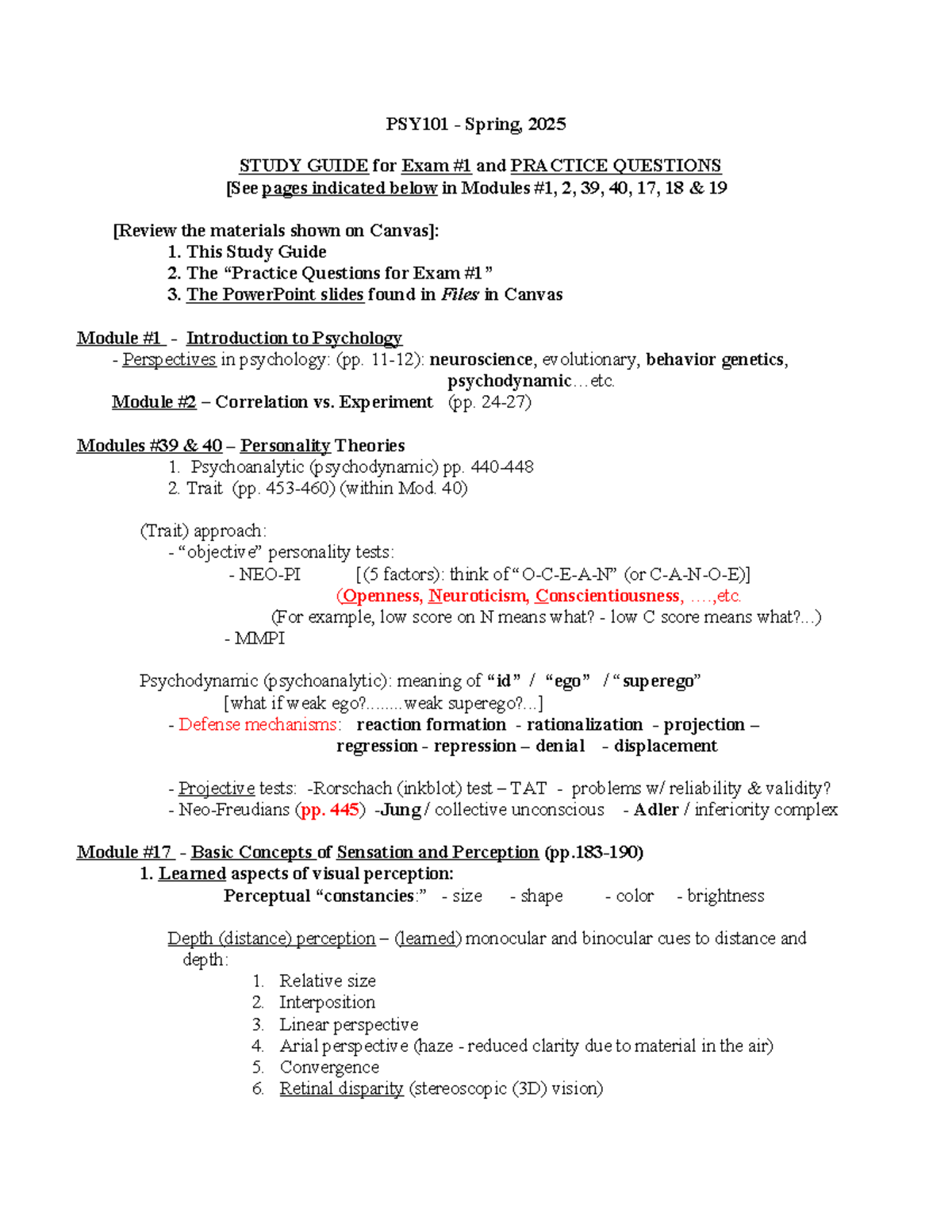 PSY101 - Spring 2025 Study Guide for Exam #1 with Practice Questions ...