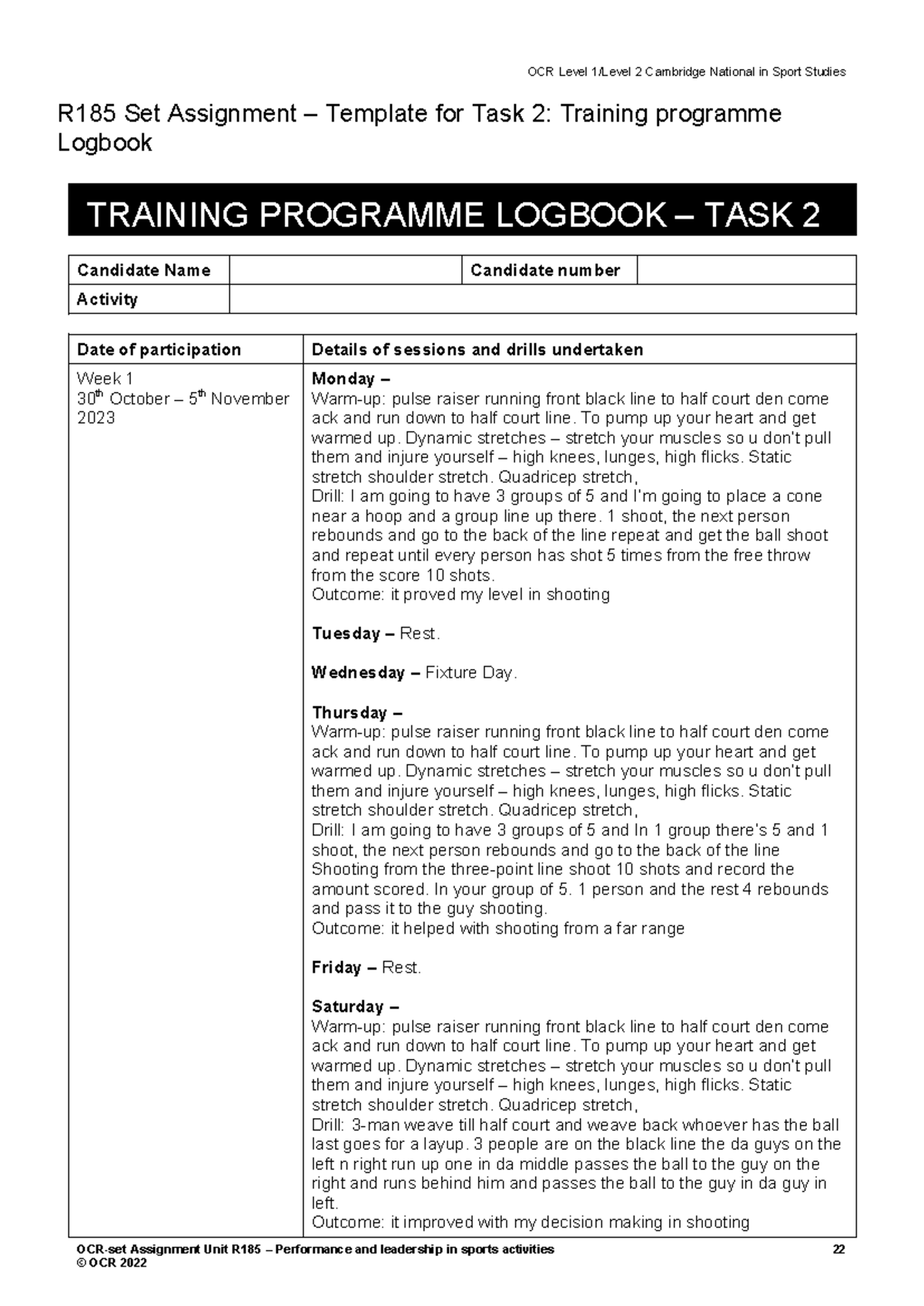 R185 Training Programme Logbook (Oct-Dec) - Performance in Sports ...