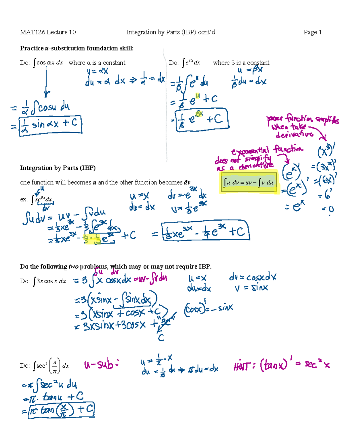 MAT126 Lecture 10: Integration by Parts (IBP) Practice Notes - Studocu