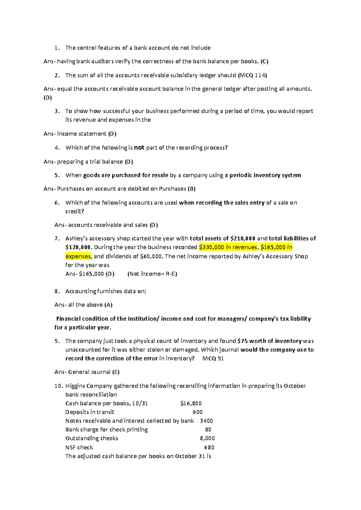 Accounting Final MCQs Review for Success in ACCT 101 - Studocu