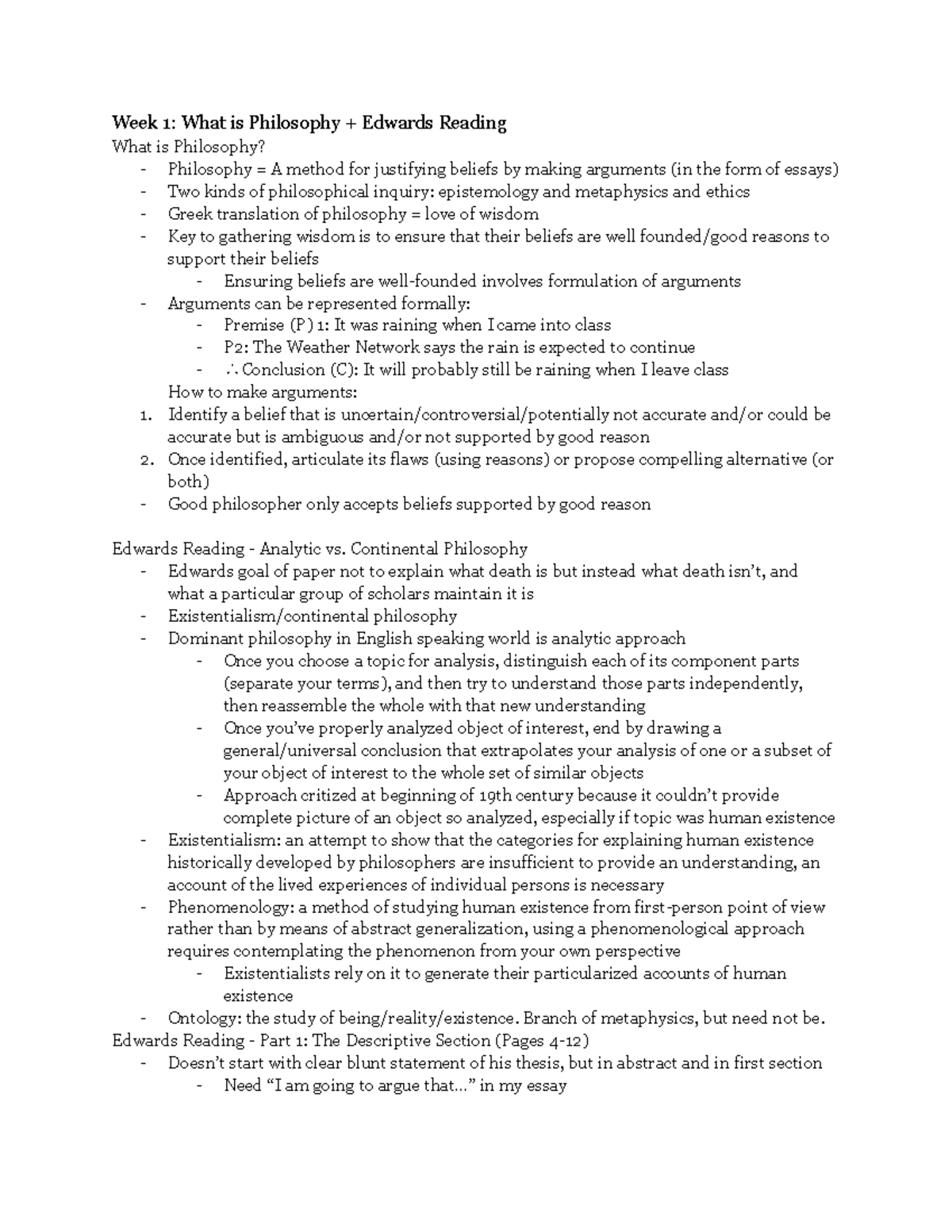 Philosophy 2073 Week 1 - Notes - Week 1: What is Philosophy + Edwards ...