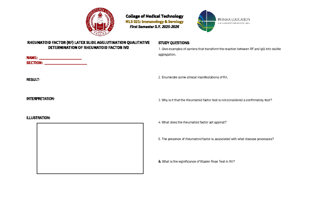 College of Medical Technology MLS 021: Immunology Serology Lab Activity ...