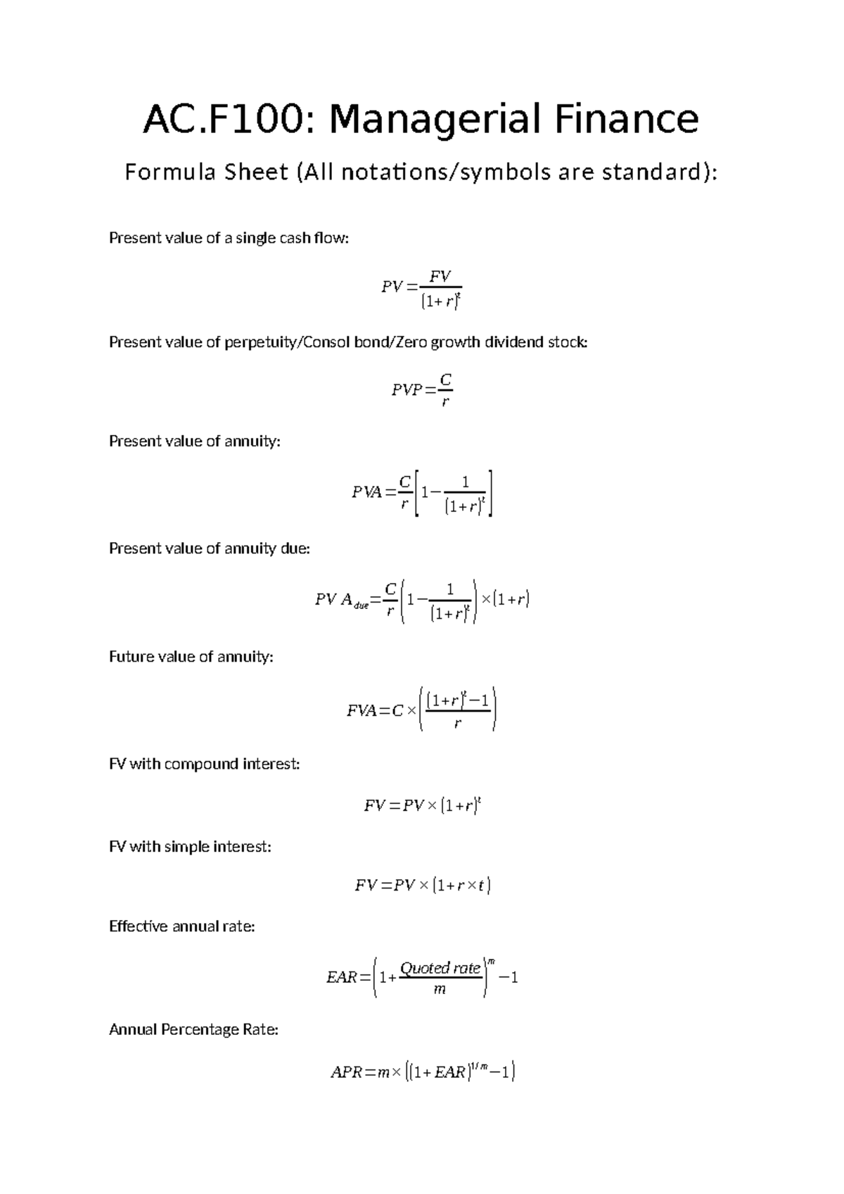 AC.F100 Week 20 Formula sheet - AC: Managerial Finance Formula Sheet ...