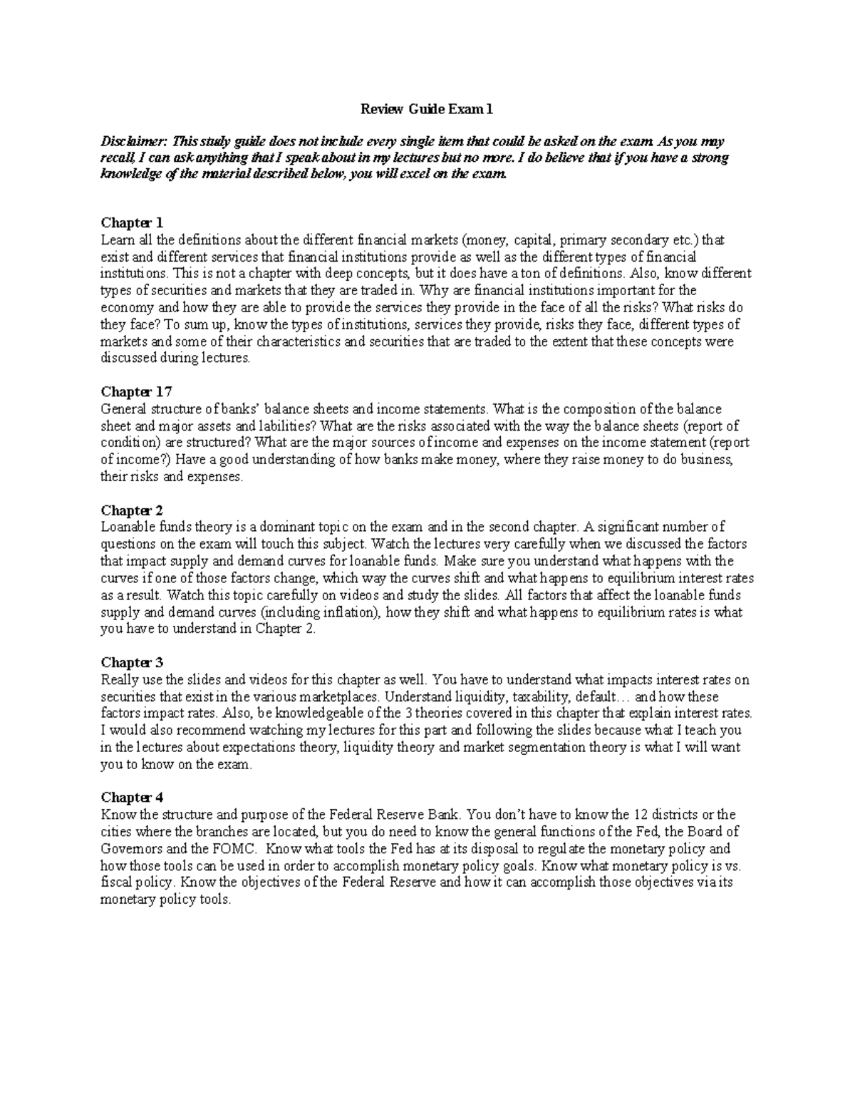 Exam 1 Review Guide for Financial Markets & Institutions (FIN 101 ...