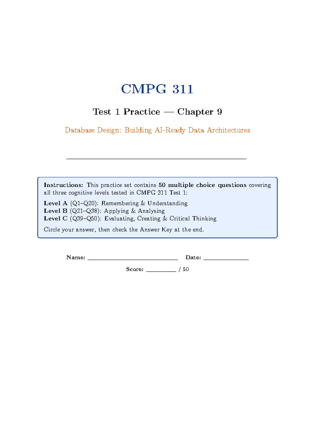 CMPG 311 Test 1 Practice: Chapter 9 Database Design MCQs - Studocu
