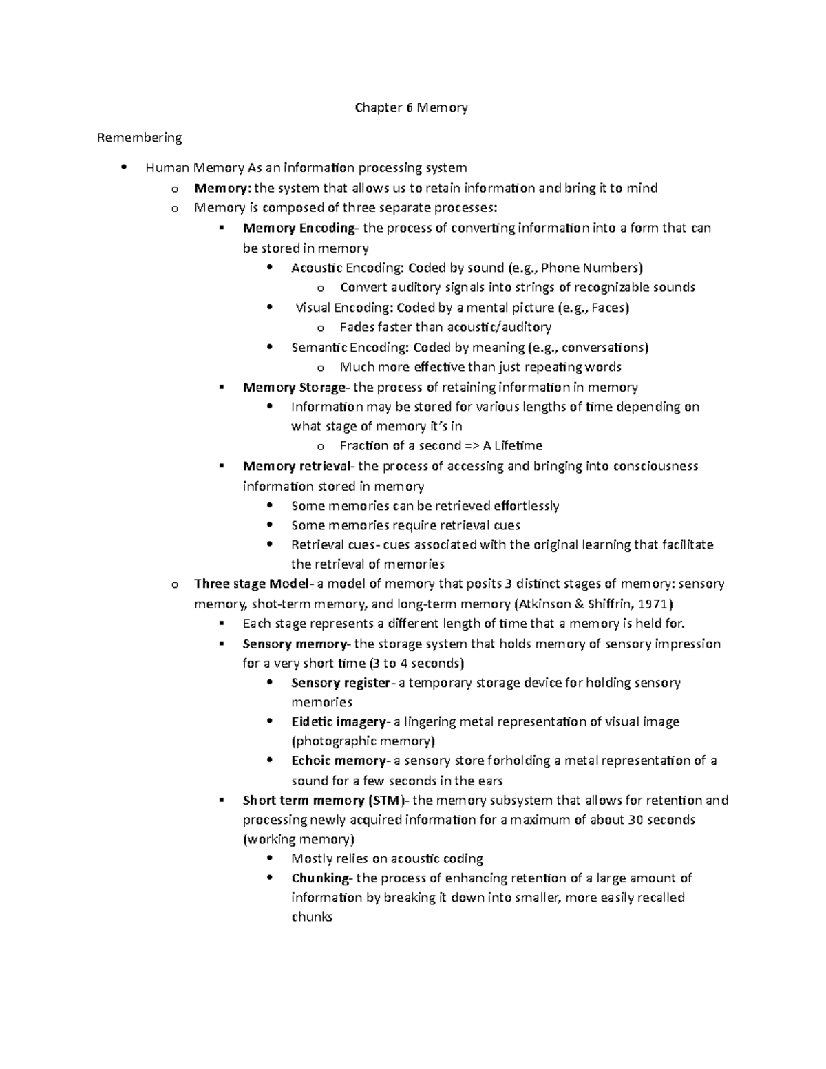 Chapter 6 Memory - Lecture notes 6 - Chapter 6 Memory Remembering Human ...
