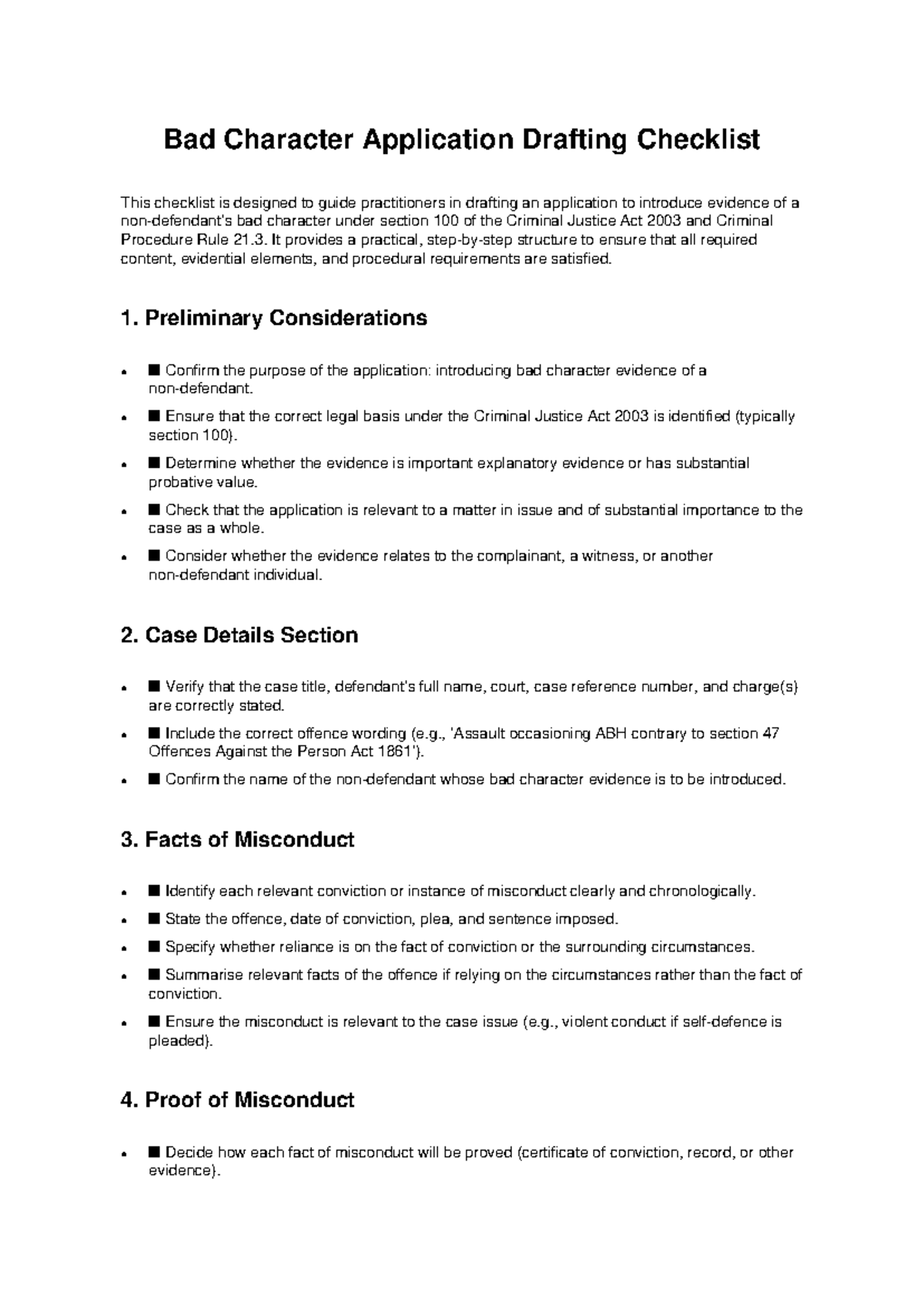 Bad Character Evidence Application Checklist (CJA 2003 & CPR 21.3 ...