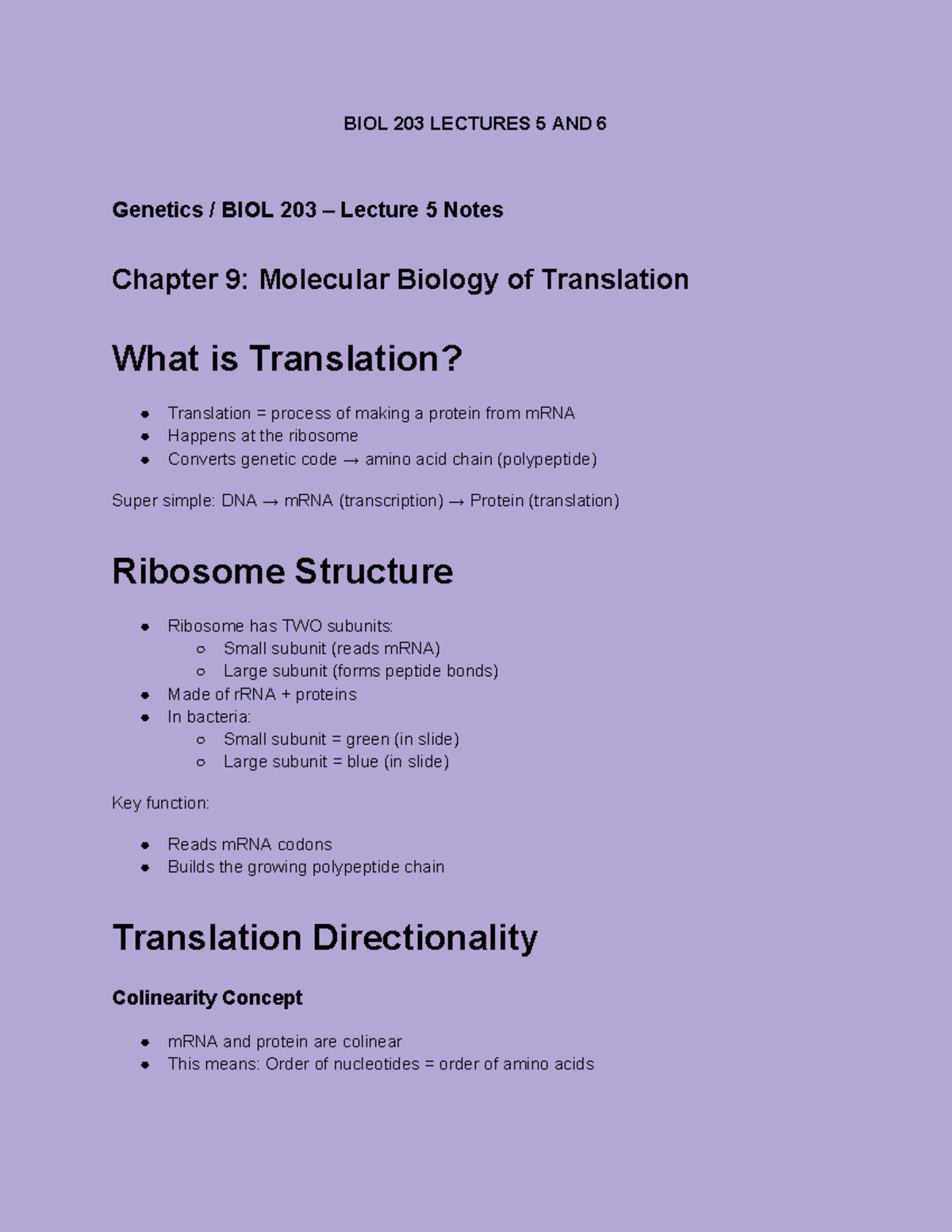 Genetic LEC 5-6 Notes - Chapters 9: Molecular Biology of Translation ...