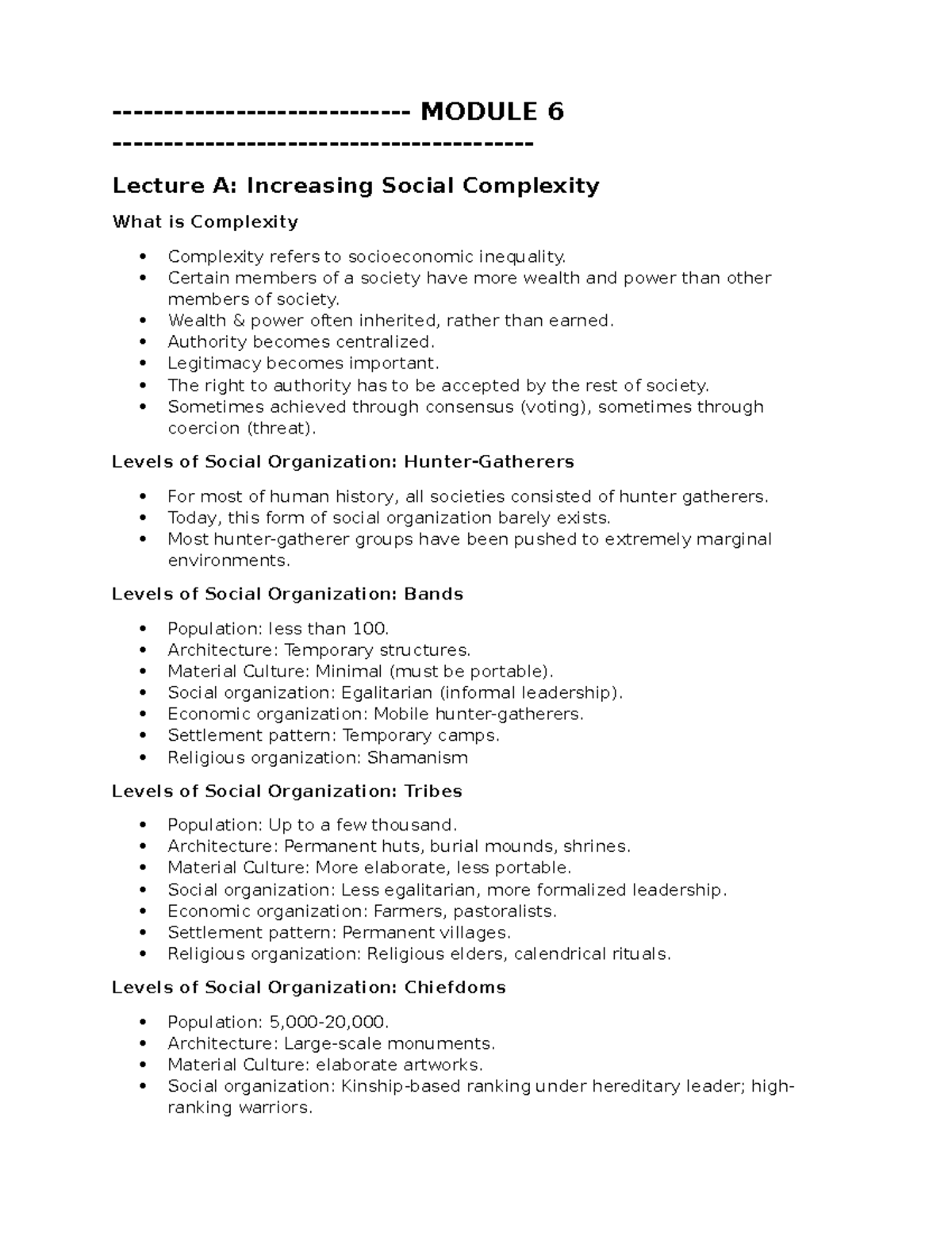 ARCH 100 - Test 2 Notes: Social Complexity in Prehistoric Societies ...
