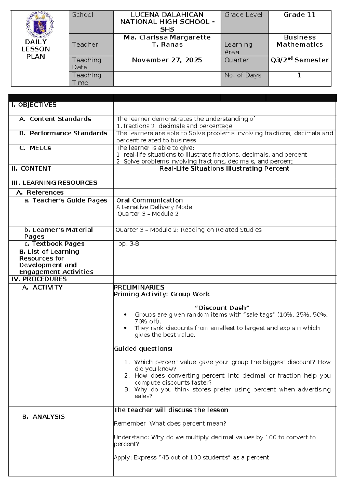 Q1 W2 D3 - Daily Lesson Plan in Business Math for Grade 11 - Studocu