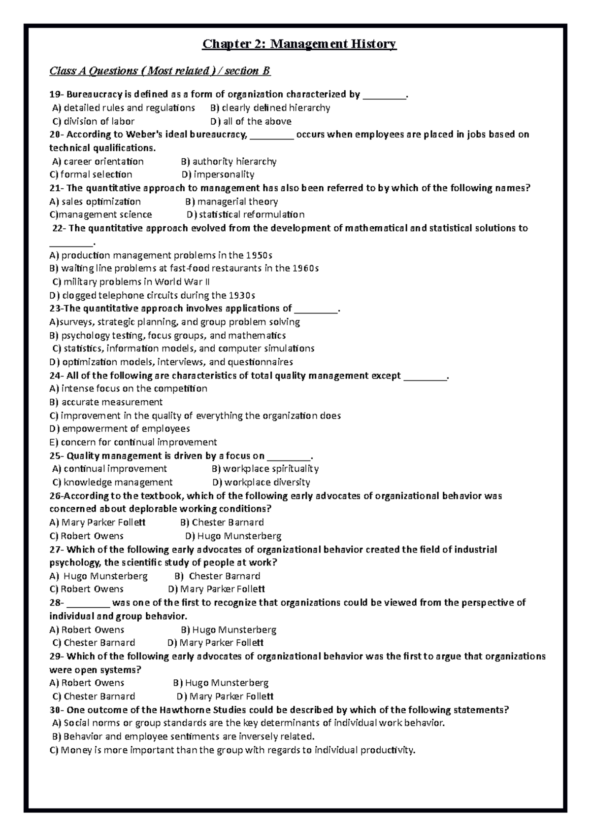 Management CH 2 Section B MCQ - Chapter 2: Management History Class A ...