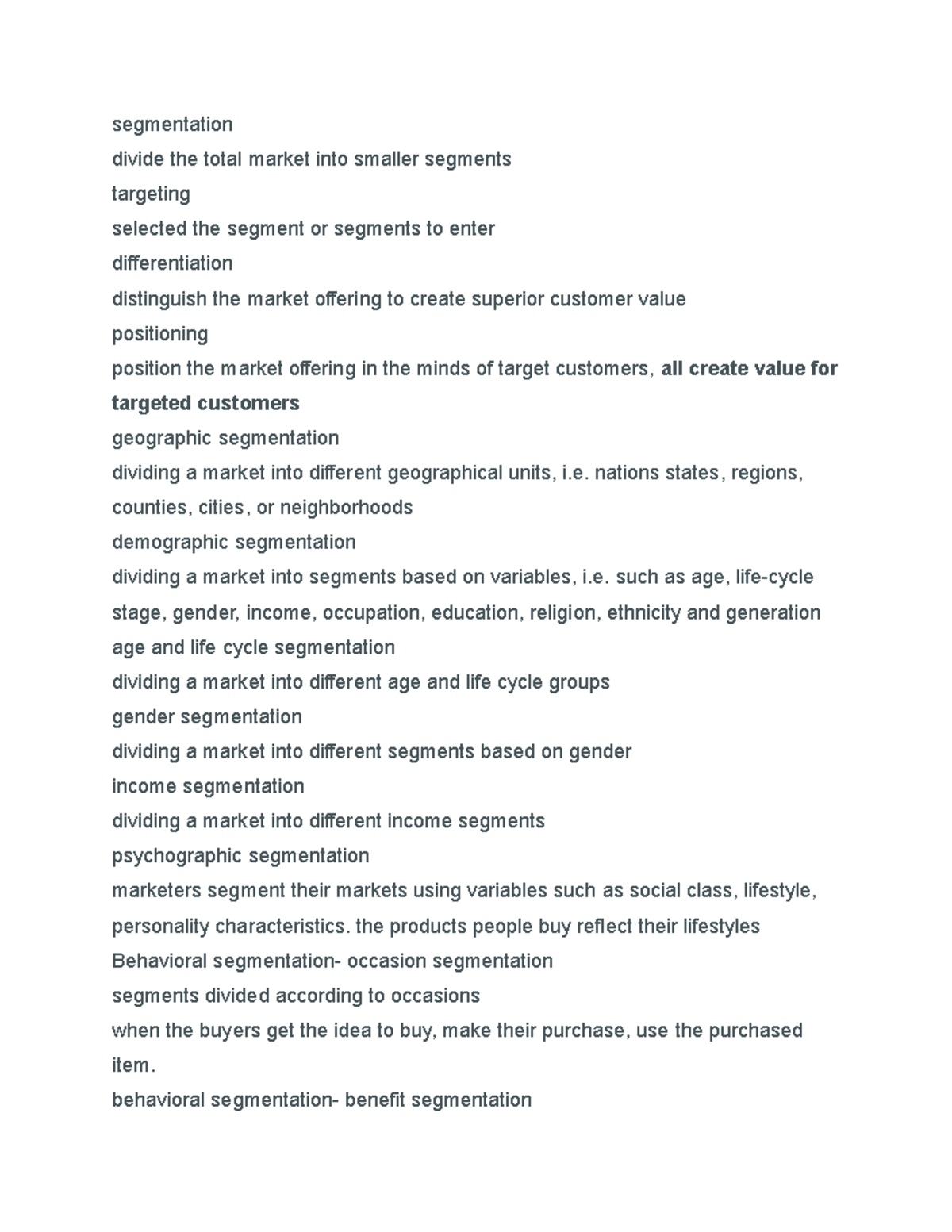 Chapter 6 Summary - segmentation divide the total market into smaller ...