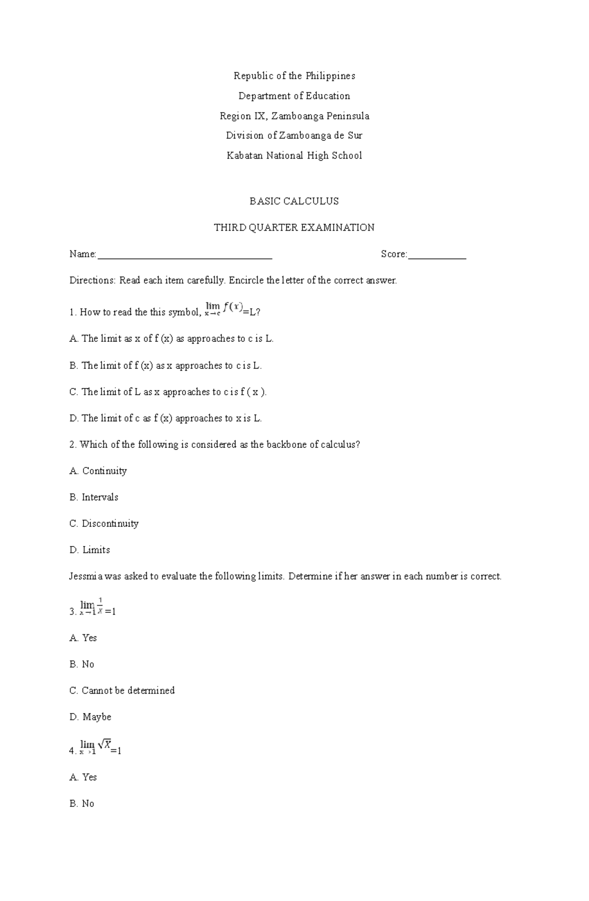 BASIC CALCULUS 3RD QUARTER EXAMINATION - PHILIPPINES - Studocu