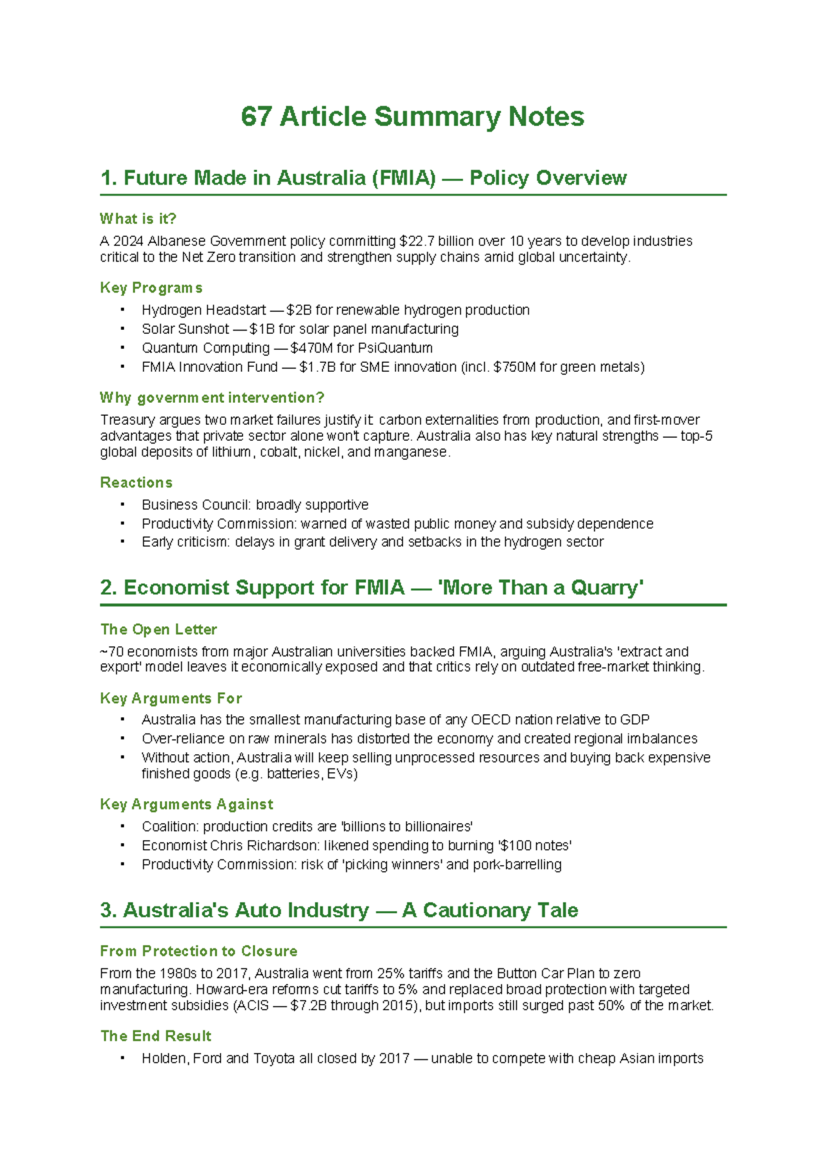 67 Article Summary Notes: FMIA Policy Overview & Economic Implications ...