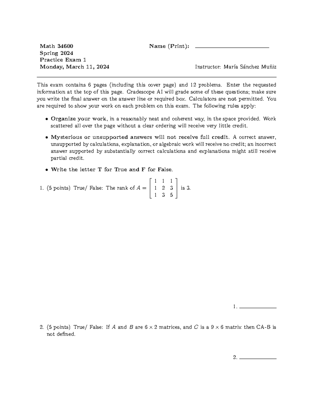 Math 34600 Spring 2024 Practice Exam 1 - March 11, 2024 - Studocu