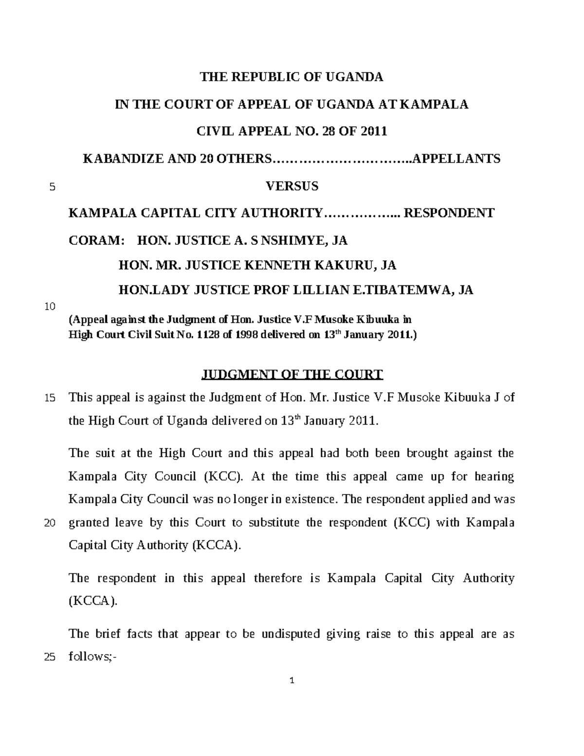 Kabandize & 20 Others v Kampala Capital City Authority: Appeal Judgment ...