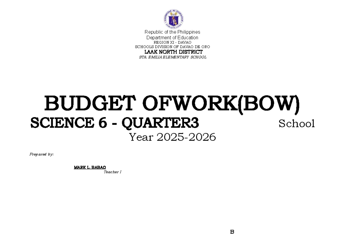 Budget of Work (BOW) for Science 6 - 3rd Quarter - Studocu