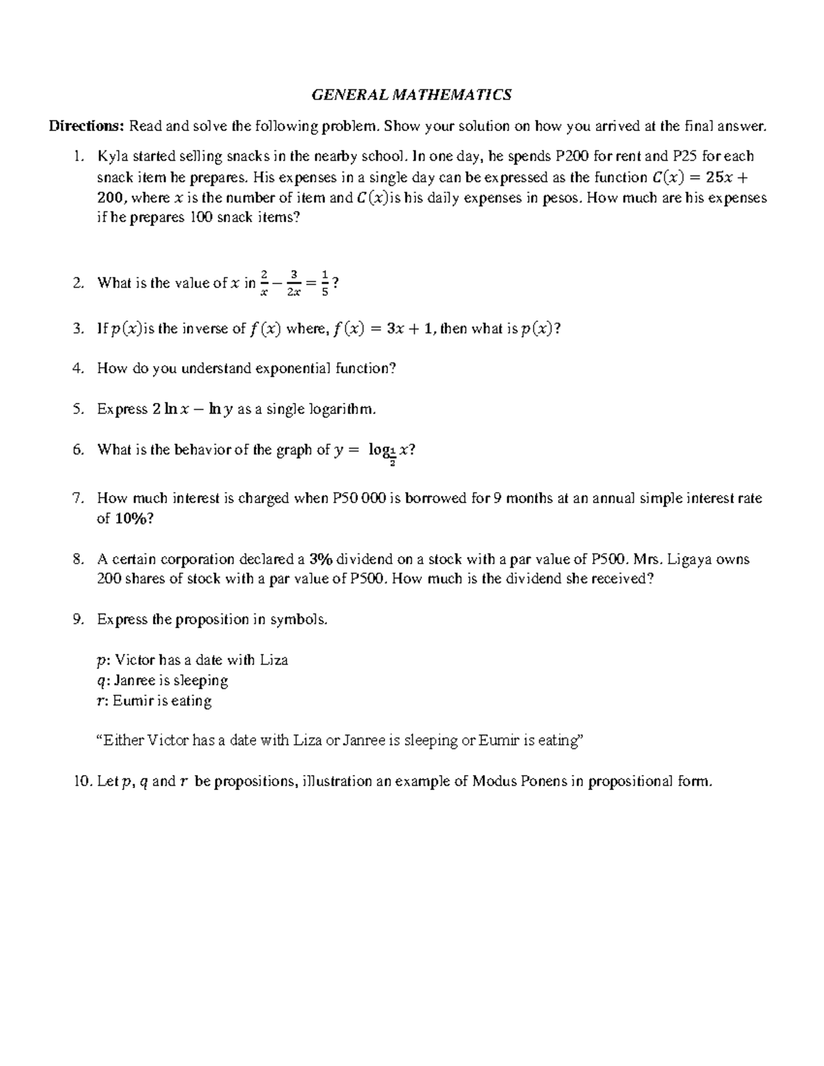 Mathematical- Misconception-TEST - GENERAL MATHEMATICS Directions: Read ...