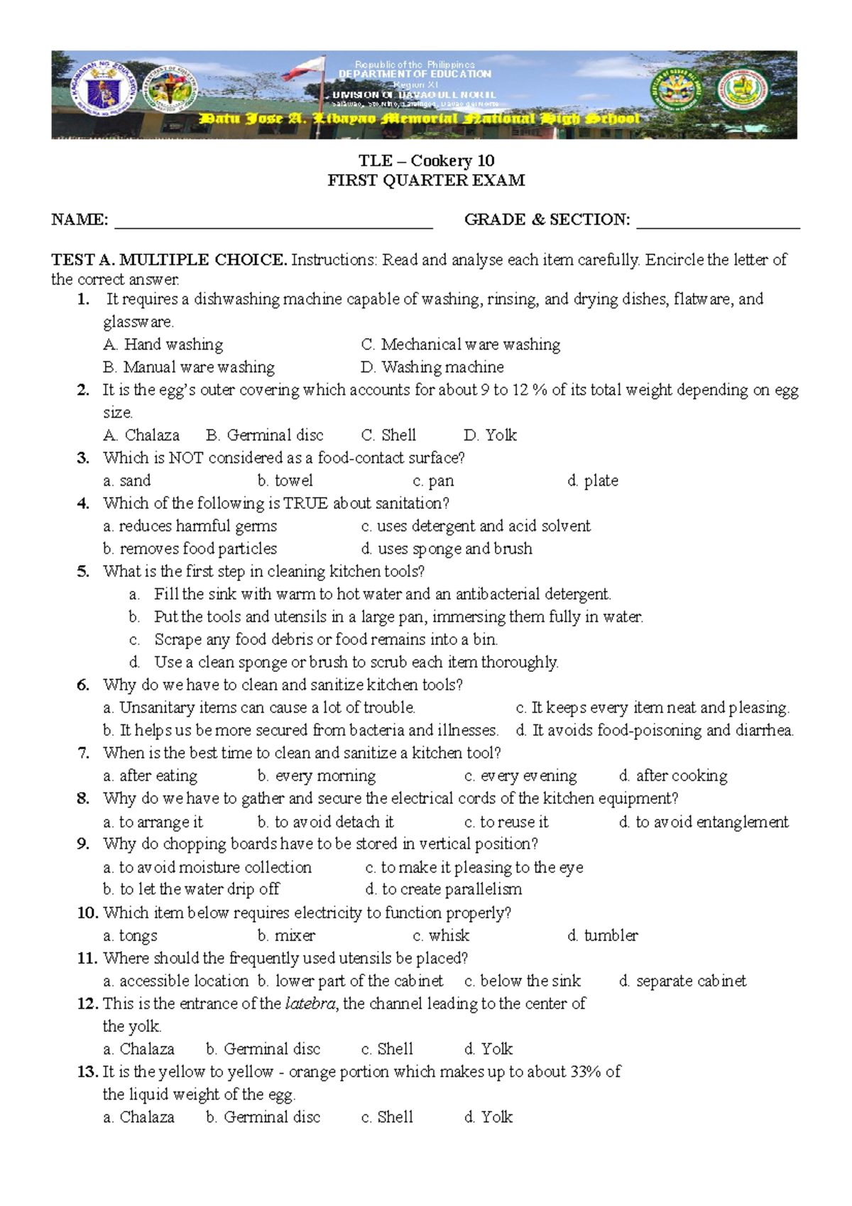 Cookery 10 First Quarter Exam Review Questions & Answers - Studocu