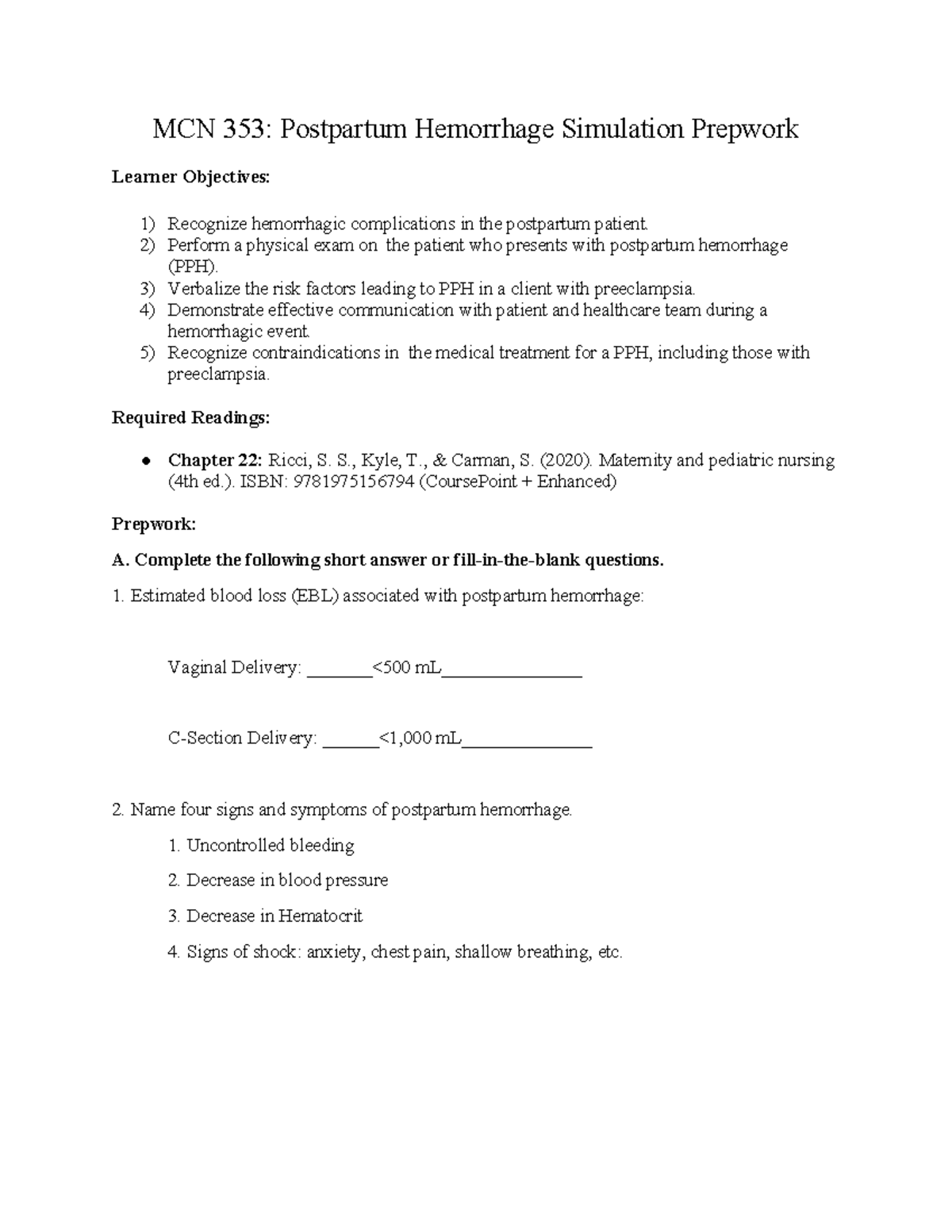 OB PPH Live Sim Prepwork-summer 2024 - MCN 353: Postpartum Hemorrhage ...