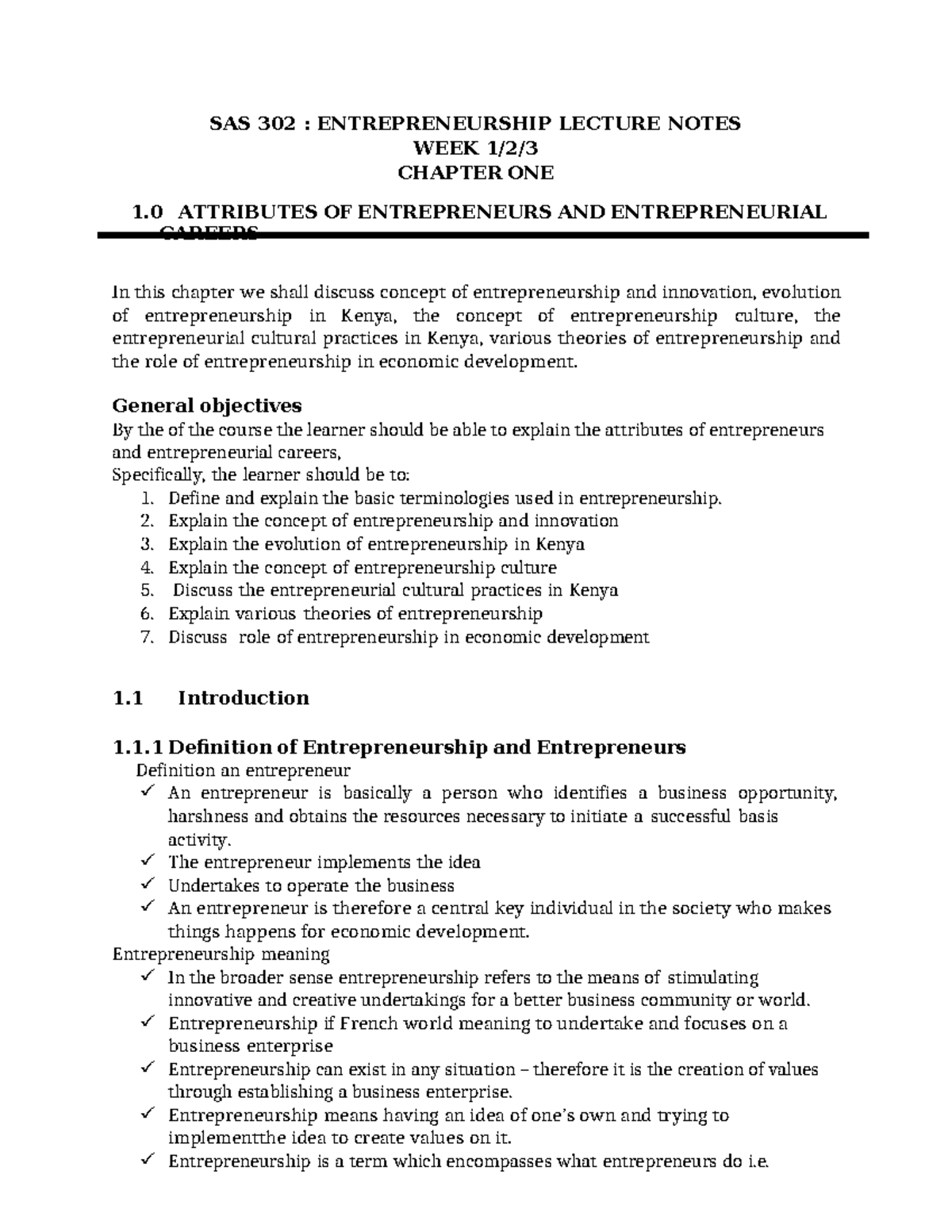 SAS 302: Entrepreneurship Lecture Notes - Week 1 Summary - Studocu