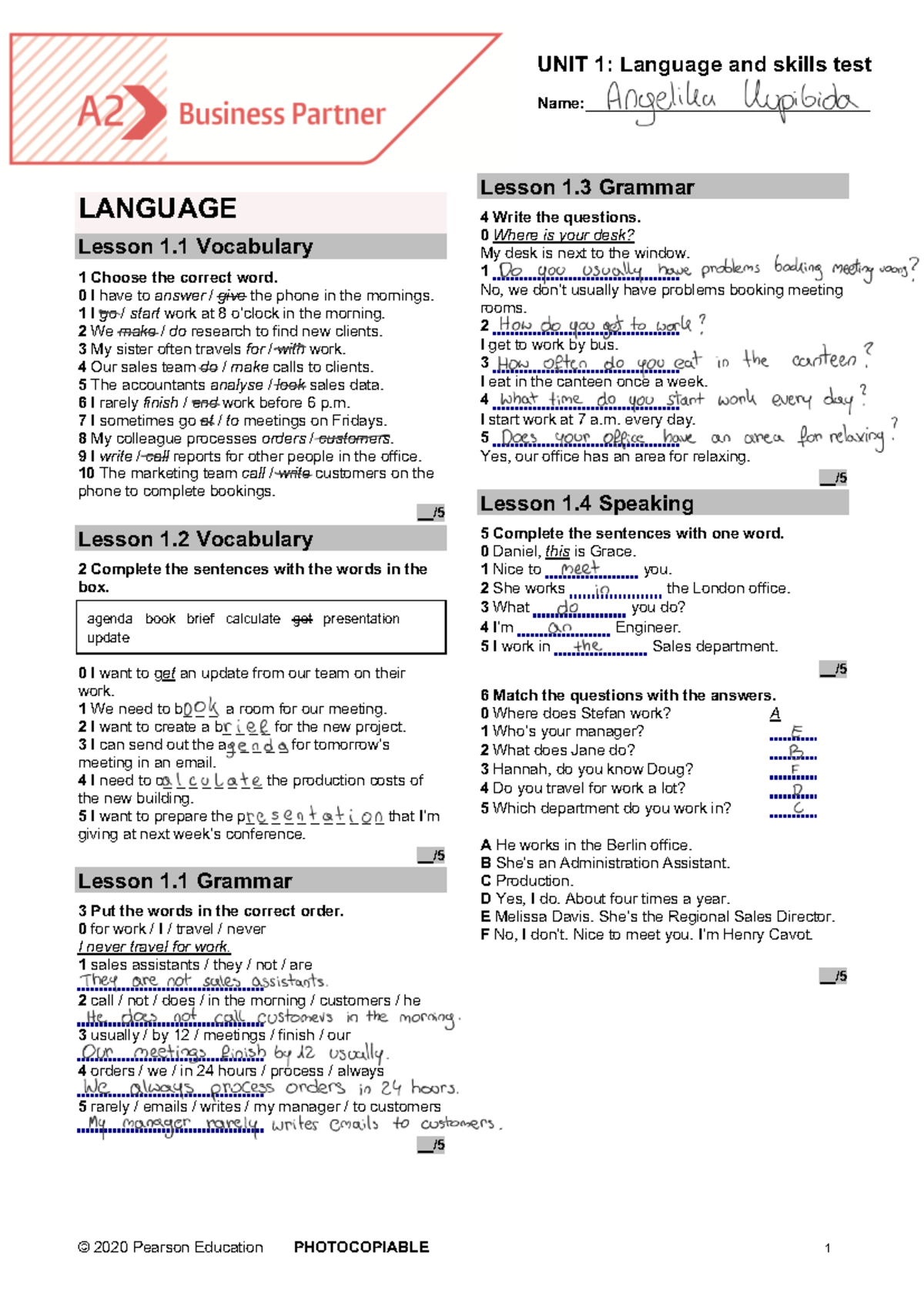 BP A2 Tests Unit 1: Language Skills & Grammar Lessons - Studocu