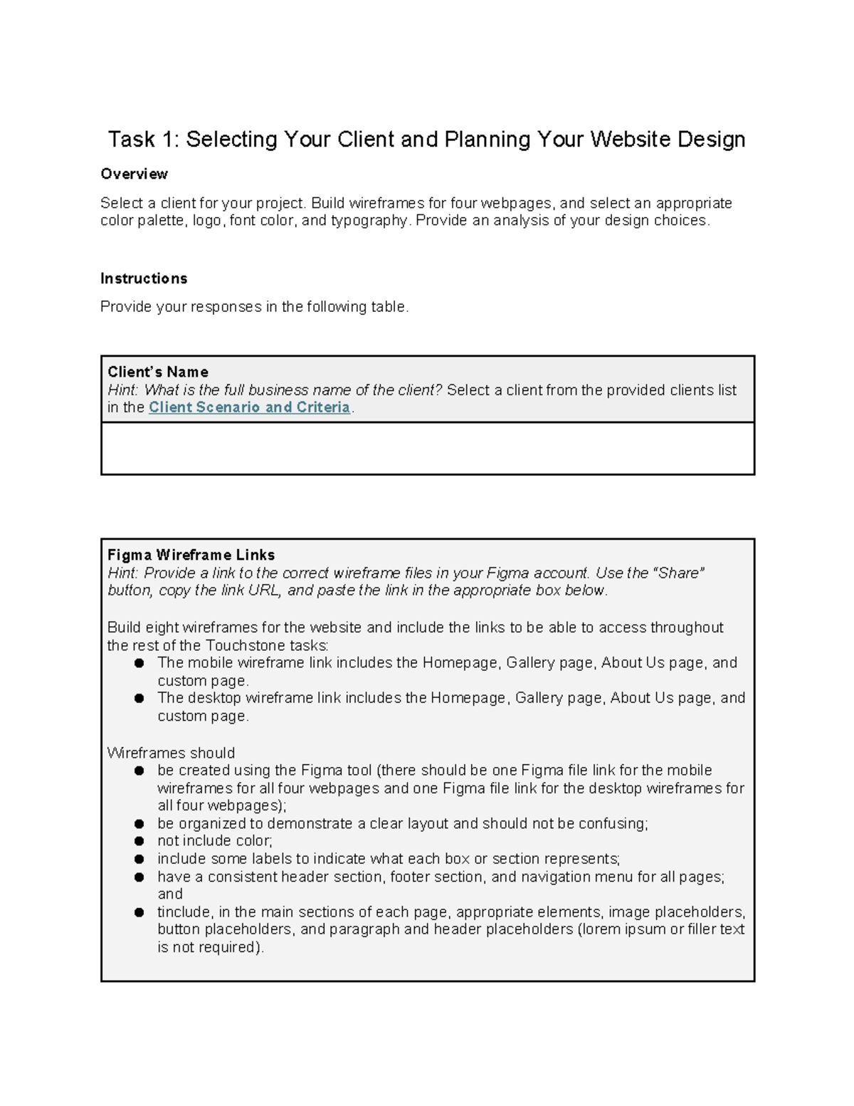 Touchstone Task 1: Client Selection & Website Design Planning - Studocu