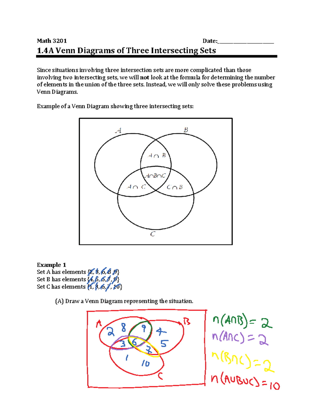 Math 3201 - Venn Diagrams of Three Intersecting Sets - Studocu